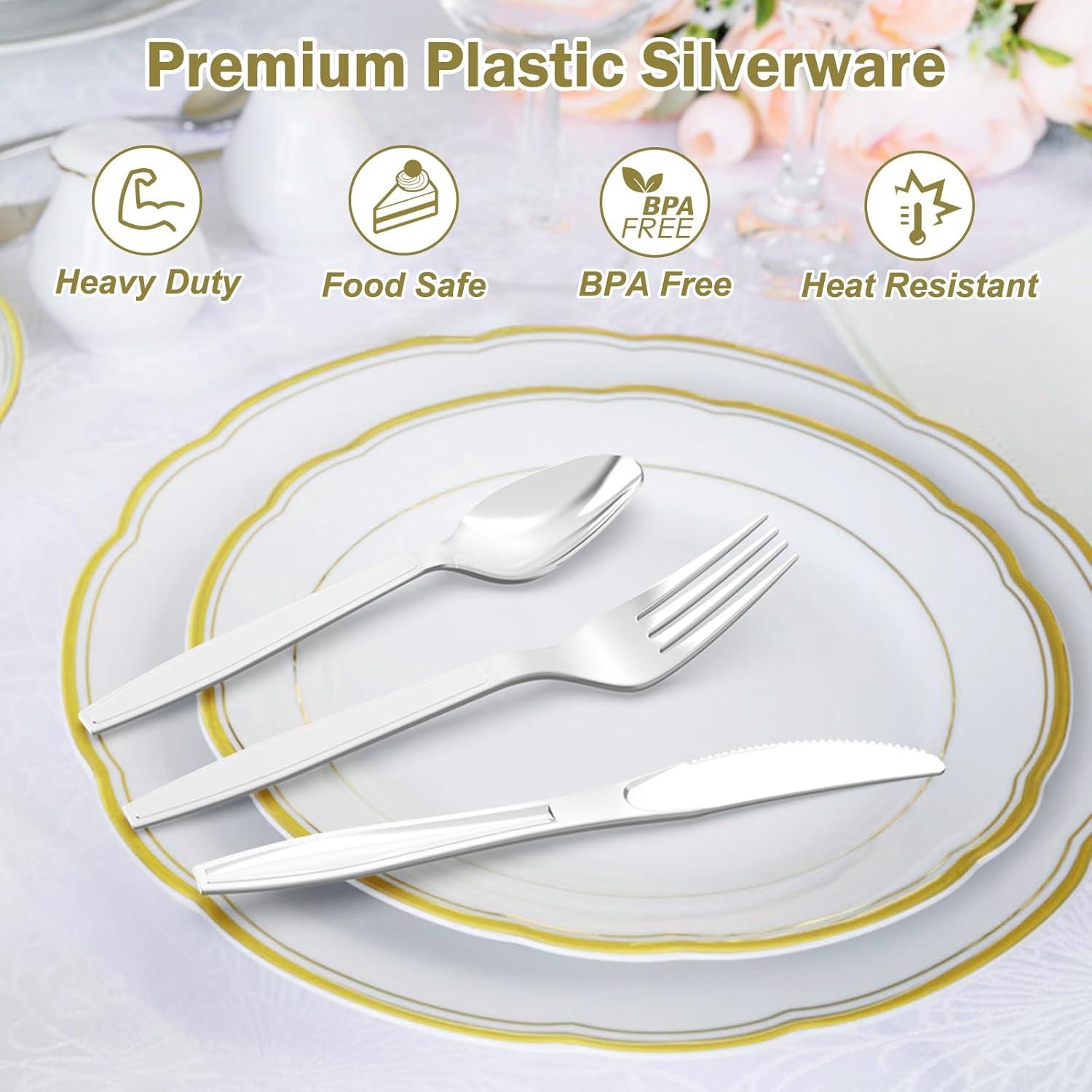 300 Count Extra Heavy Duty Clear Plastic Silverware, 100 Forks, 100 Spoons, 100 Knives, BPA-Free, Heat Resistant, Disposable Plastic Utensils Set, Plastic Cutlery Set, Plasticware Bulk(Silver)