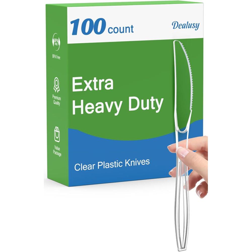 100 Count Extra Heavy Duty Clear Plastic Knives Disposable, BPA-Free, Heat Resistant, Solid and Durable Disposable Knives Bulk, Premium Plastic Knives heavy duty for Party Supply