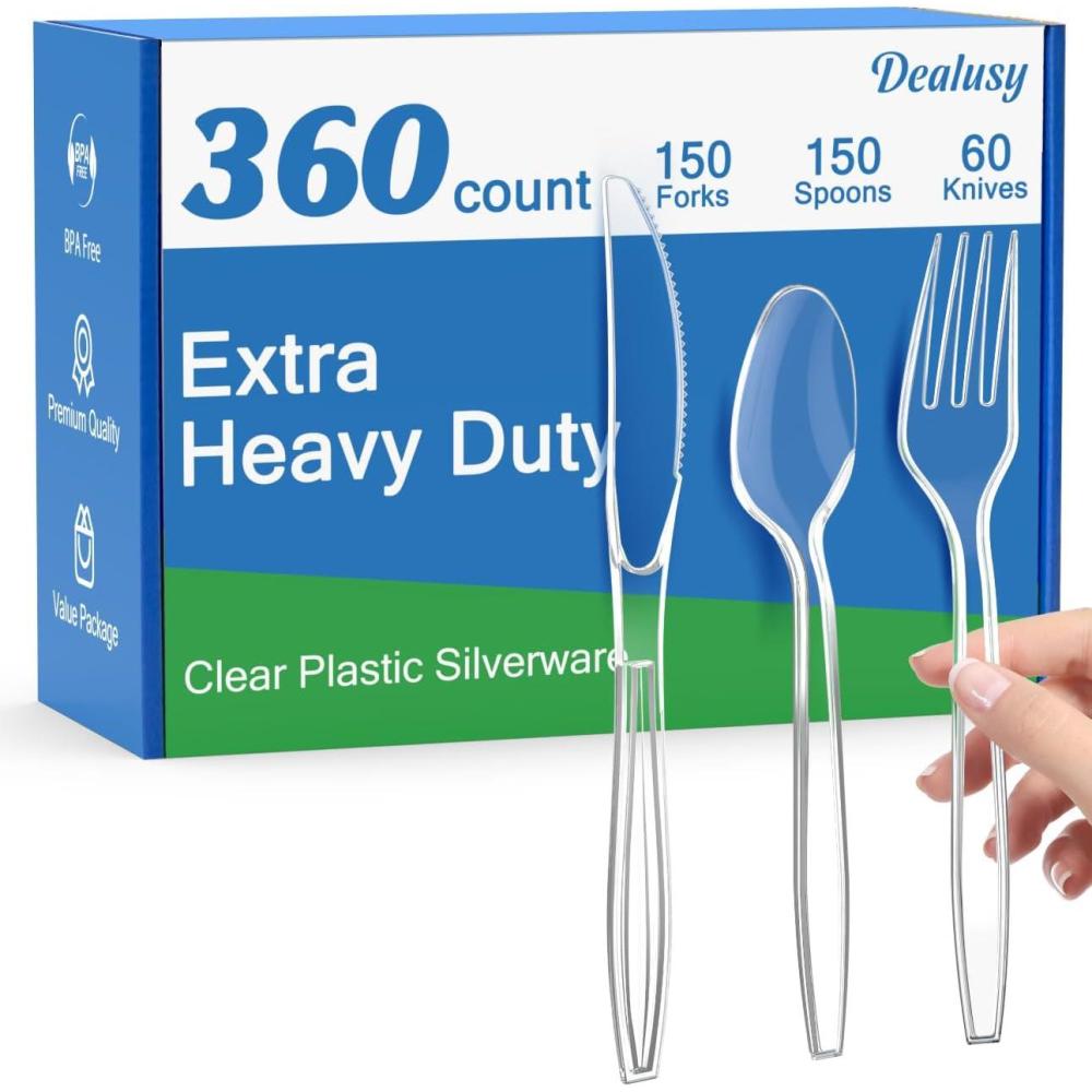 360 Count Extra Heavy Duty Clear Plastic Silverware, 150 Forks, 150 Spoons, 60 Knives, BPA-Free, Heat Resistant, Disposable Plastic Utensils Set, Plastic Cutlery Set, Plasticware Bulk(Clear)