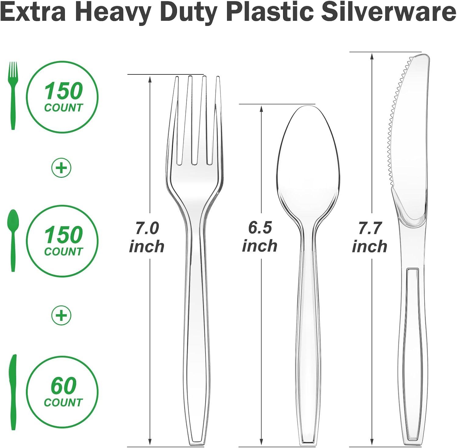 360 Count Extra Heavy Duty Clear Plastic Silverware, 150 Forks, 150 Spoons, 60 Knives, BPA-Free, Heat Resistant, Disposable Plastic Utensils Set, Plastic Cutlery Set, Plasticware Bulk(Clear)