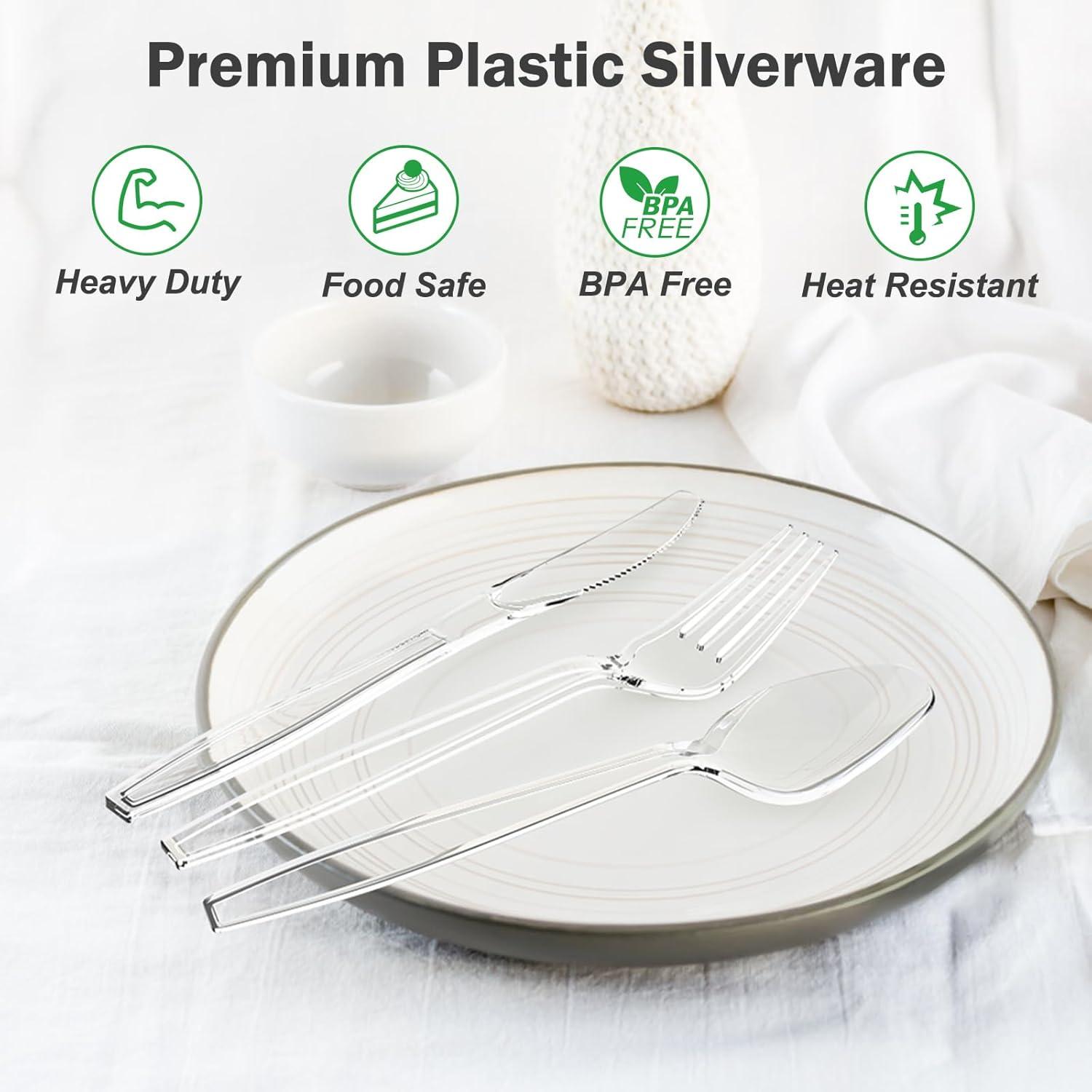 360 Count Extra Heavy Duty Clear Plastic Silverware, 150 Forks, 150 Spoons, 60 Knives, BPA-Free, Heat Resistant, Disposable Plastic Utensils Set, Plastic Cutlery Set, Plasticware Bulk(Clear)