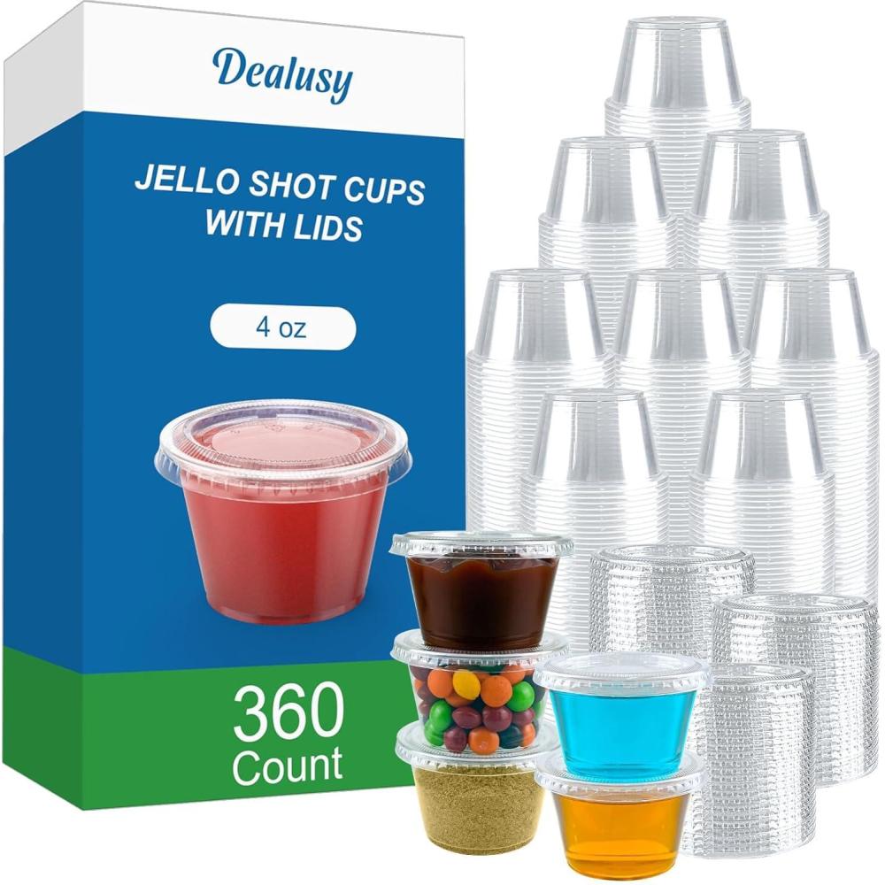 360 Set 1 oz Jello Shot Cups with Lids, Sturdy & Food Safe Disposable Plastic Portion Condiment Dipping Sauce Cups, Small Containers for Salad Dressing(4 OZ)
