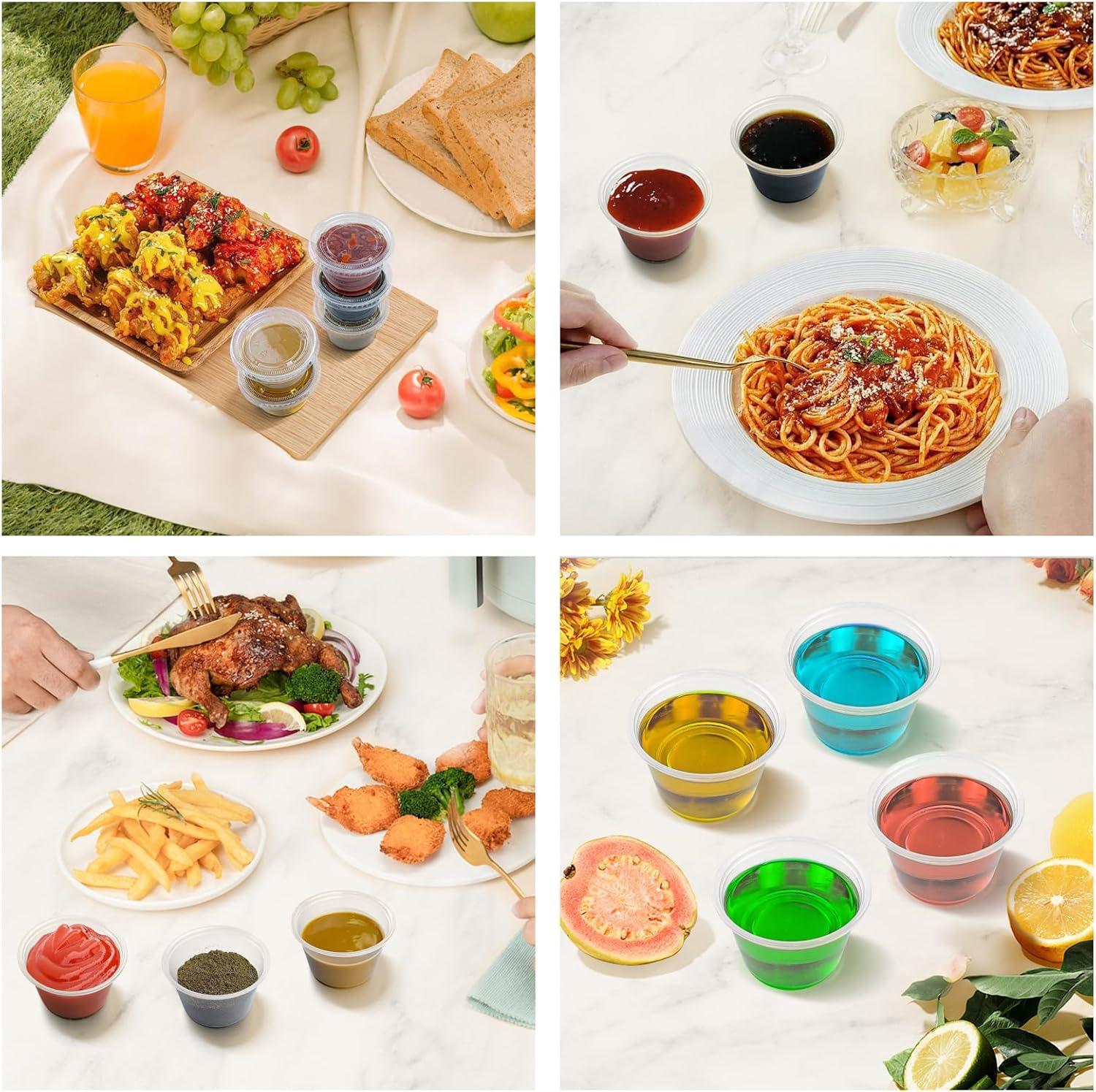360 Set 1 oz Jello Shot Cups with Lids, Sturdy & Food Safe Disposable Plastic Portion Condiment Dipping Sauce Cups, Small Containers for Salad Dressing(4 OZ)