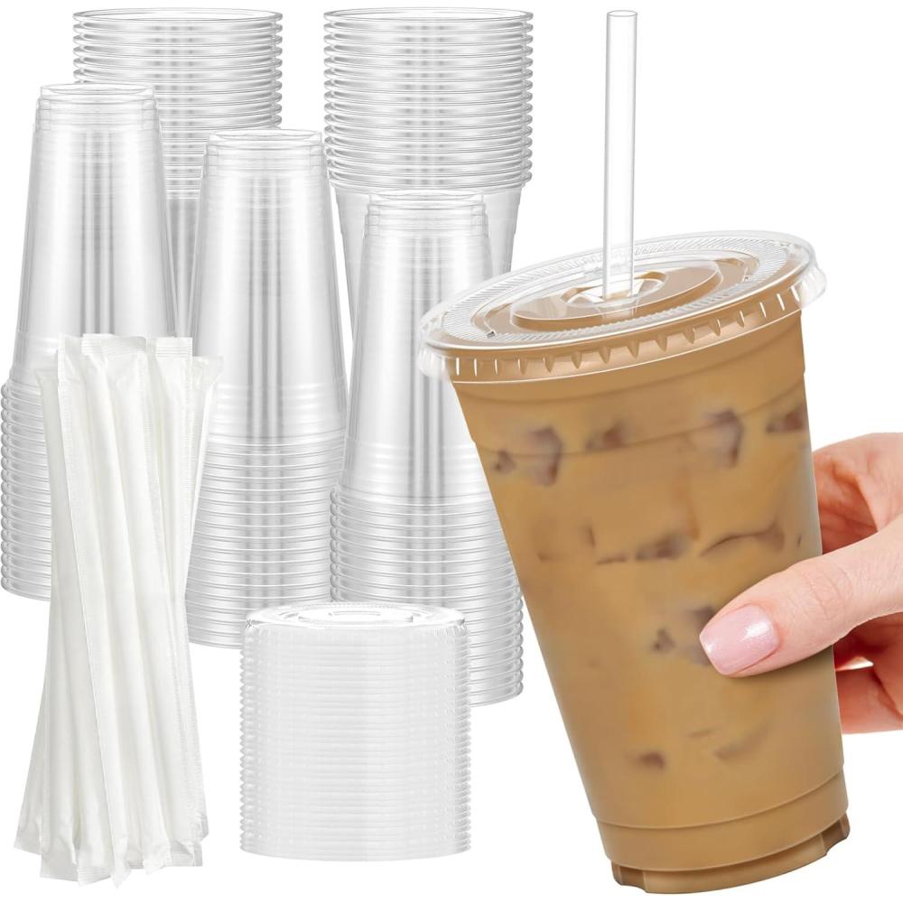 100 Pack – 20 oz Clear Plastic Cups with Lids and Straws, Sturdy & Food Safe Iced Coffee Cups with lids, Disposable Plastic Smoothie Cups for Cold Drinks(24 oz)