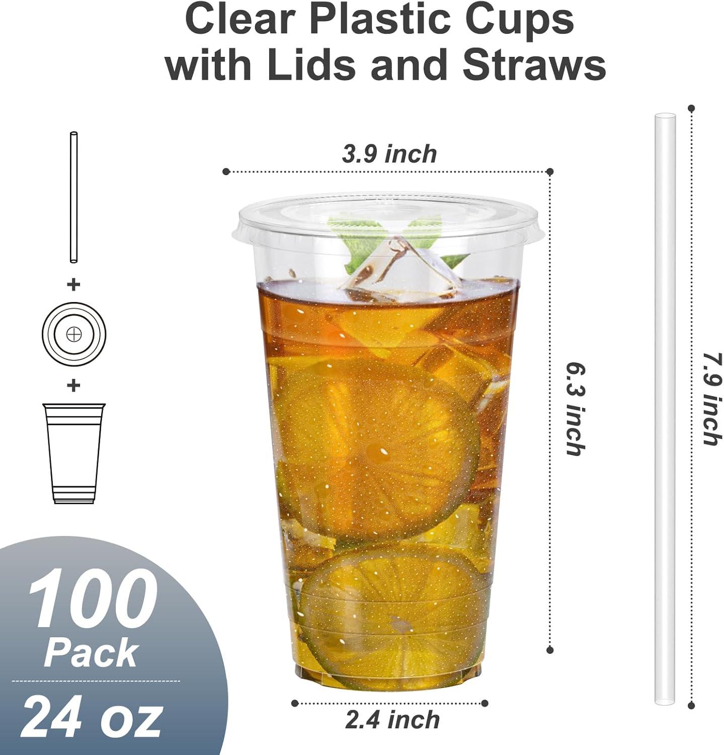 100 Pack – 20 oz Clear Plastic Cups with Lids and Straws, Sturdy & Food Safe Iced Coffee Cups with lids, Disposable Plastic Smoothie Cups for Cold Drinks(24 oz)