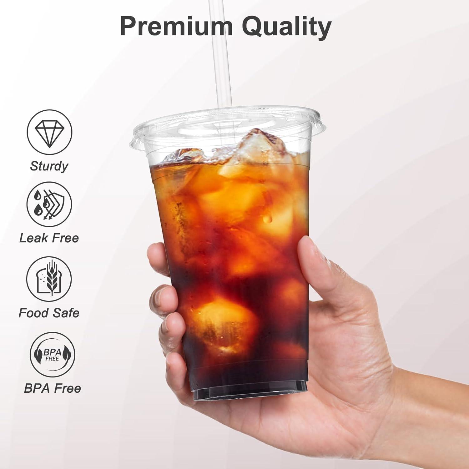 100 Pack – 20 oz Clear Plastic Cups with Lids and Straws, Sturdy & Food Safe Iced Coffee Cups with lids, Disposable Plastic Smoothie Cups for Cold Drinks(24 oz)
