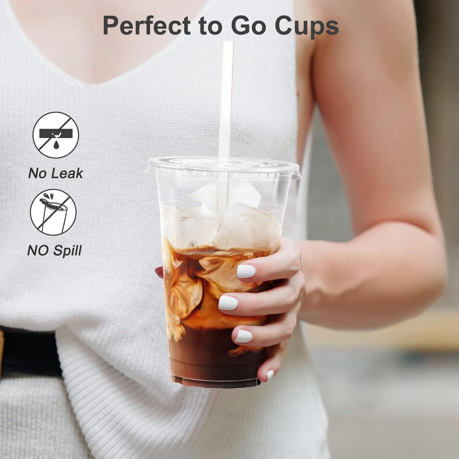 100 Pack – 20 oz Clear Plastic Cups with Lids and Straws, Sturdy & Food Safe Iced Coffee Cups with lids, Disposable Plastic Smoothie Cups for Cold Drinks(24 oz)