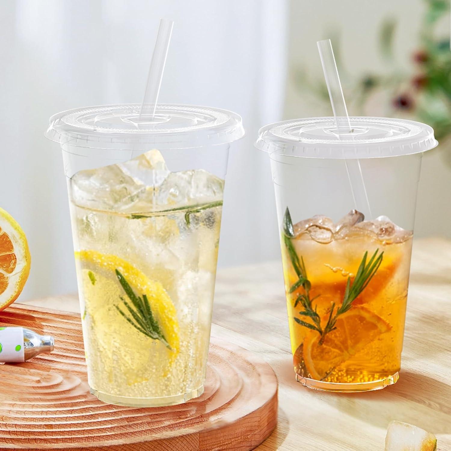 100 Pack – 20 oz Clear Plastic Cups with Lids and Straws, Sturdy & Food Safe Iced Coffee Cups with lids, Disposable Plastic Smoothie Cups for Cold Drinks(24 oz)