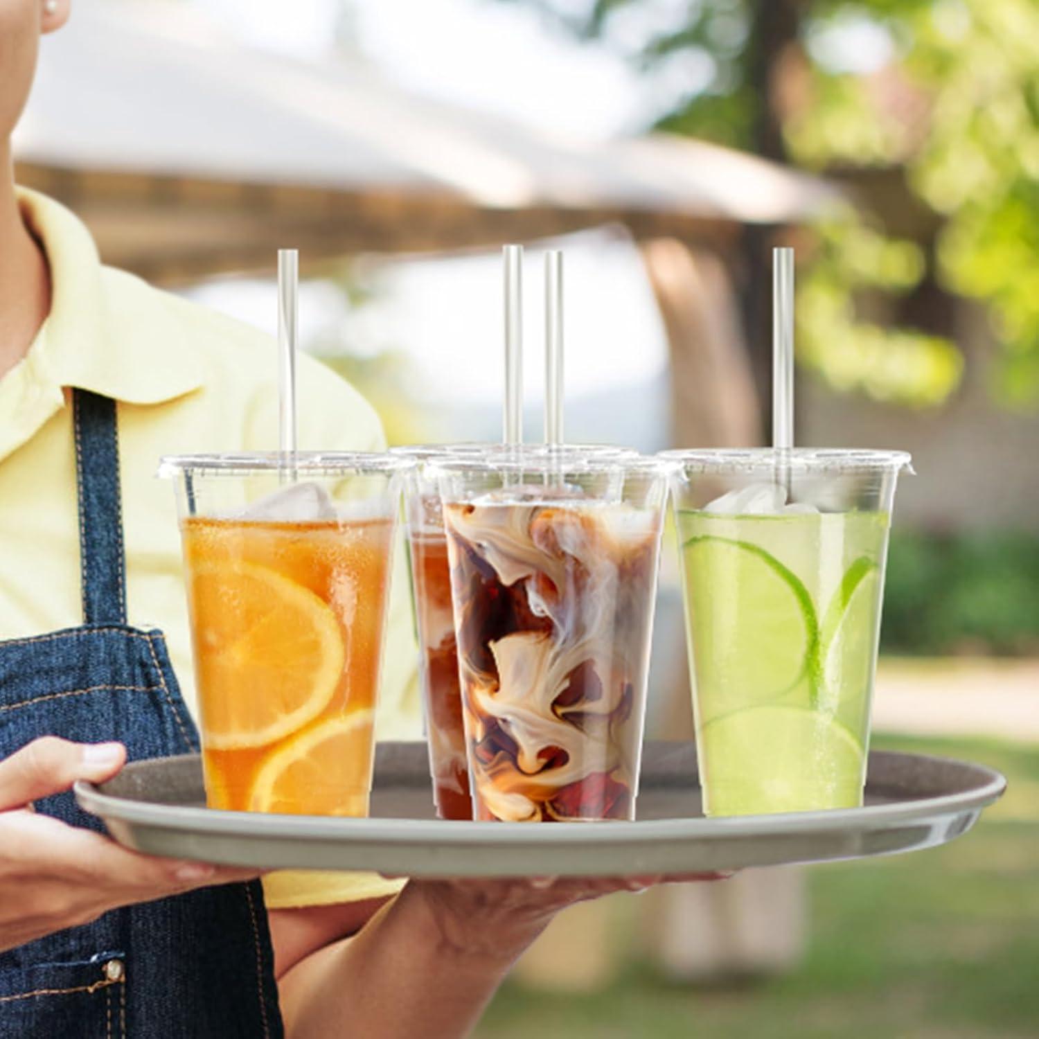 100 Pack – 20 oz Clear Plastic Cups with Lids and Straws, Sturdy & Food Safe Iced Coffee Cups with lids, Disposable Plastic Smoothie Cups for Cold Drinks(24 oz)