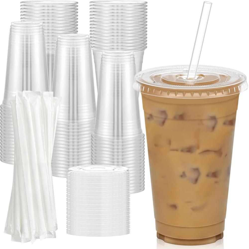 100 Pack – 20 oz Clear Plastic Cups with Lids and Straws, Sturdy & Food Safe Iced Coffee Cups with lids, Disposable Plastic Smoothie Cups for Cold Drinks(20 oz)