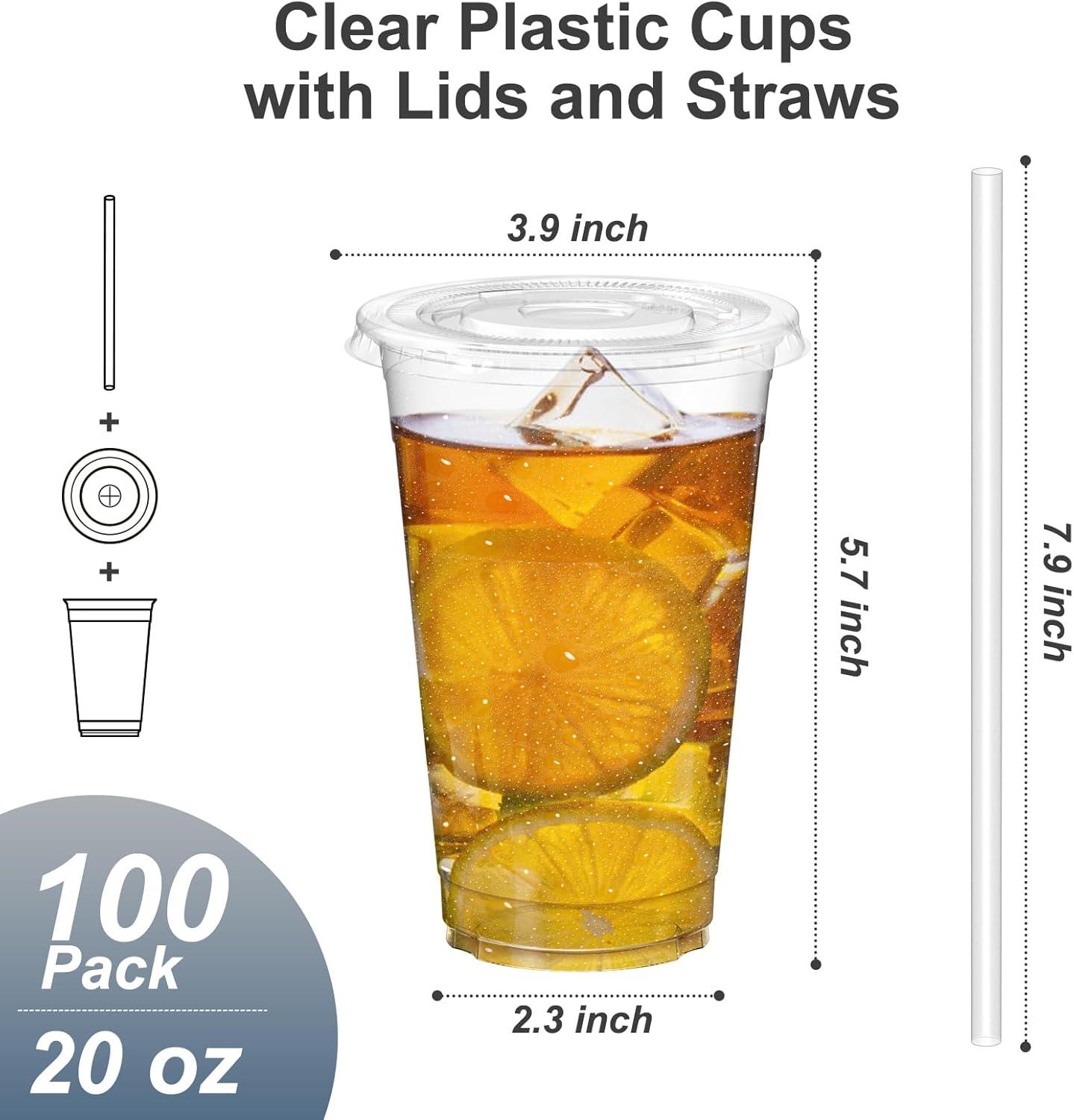 100 Pack – 20 oz Clear Plastic Cups with Lids and Straws, Sturdy & Food Safe Iced Coffee Cups with lids, Disposable Plastic Smoothie Cups for Cold Drinks(20 oz)