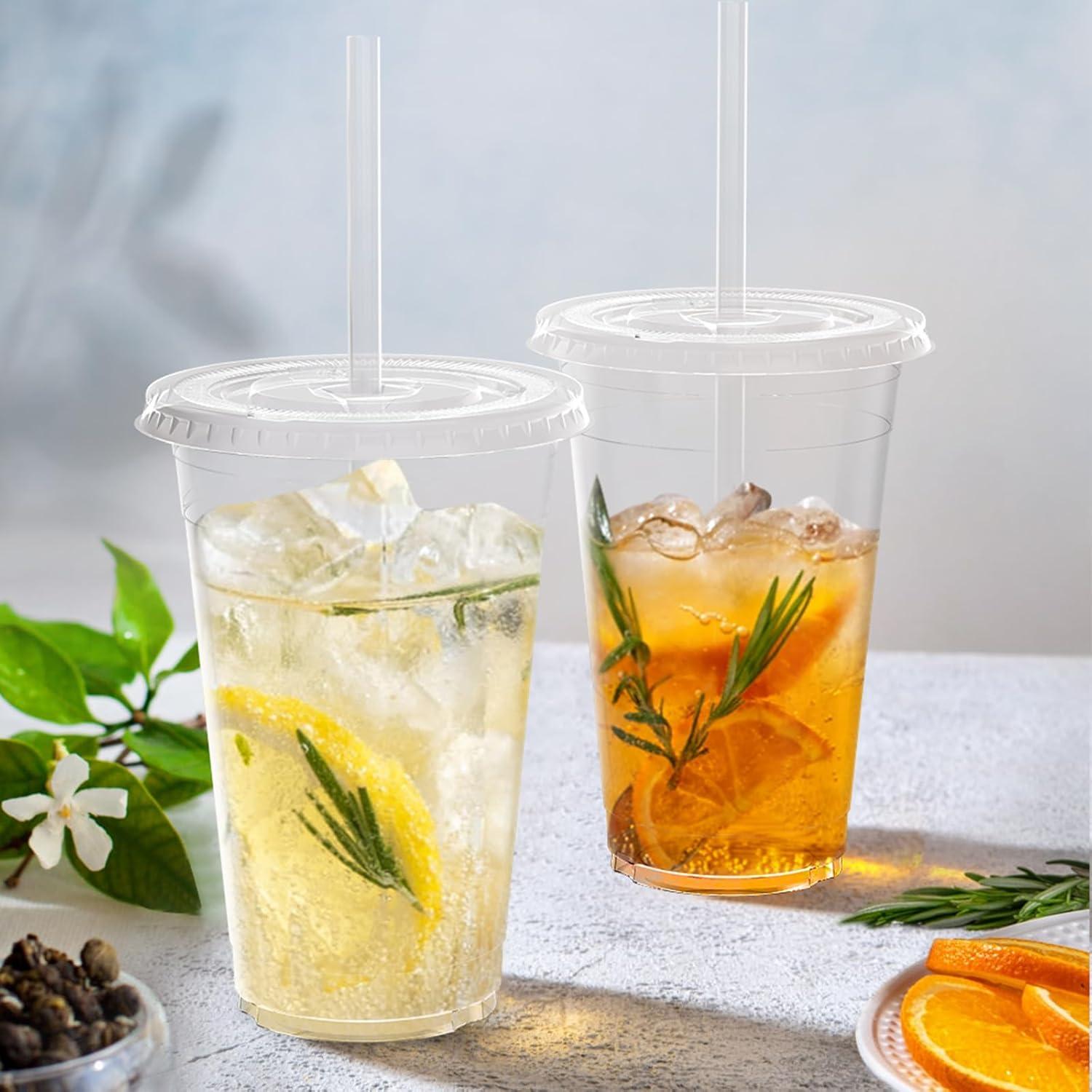 100 Pack – 20 oz Clear Plastic Cups with Lids and Straws, Sturdy & Food Safe Iced Coffee Cups with lids, Disposable Plastic Smoothie Cups for Cold Drinks(20 oz)