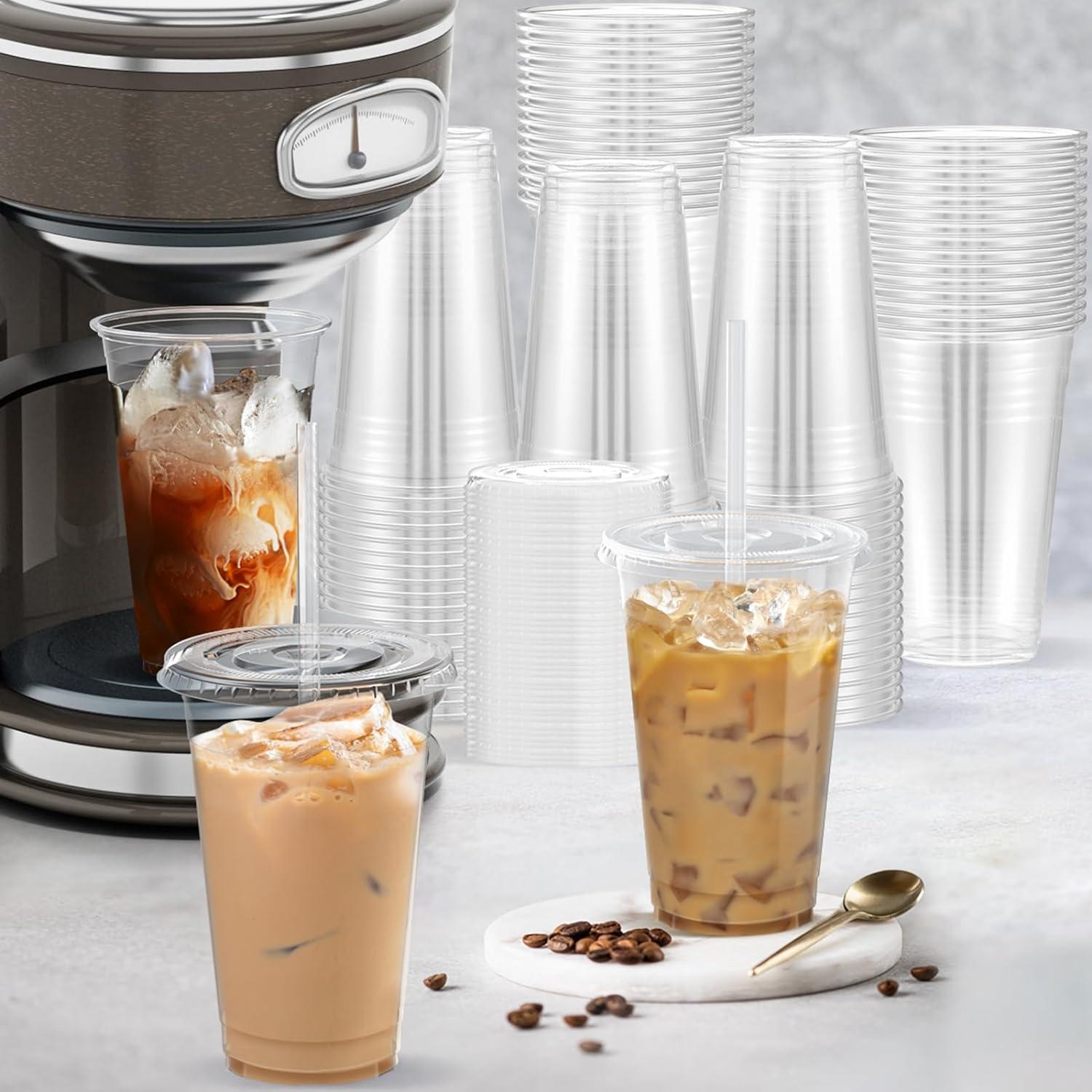 100 Pack – 20 oz Clear Plastic Cups with Lids and Straws, Sturdy & Food Safe Iced Coffee Cups with lids, Disposable Plastic Smoothie Cups for Cold Drinks(20 oz)