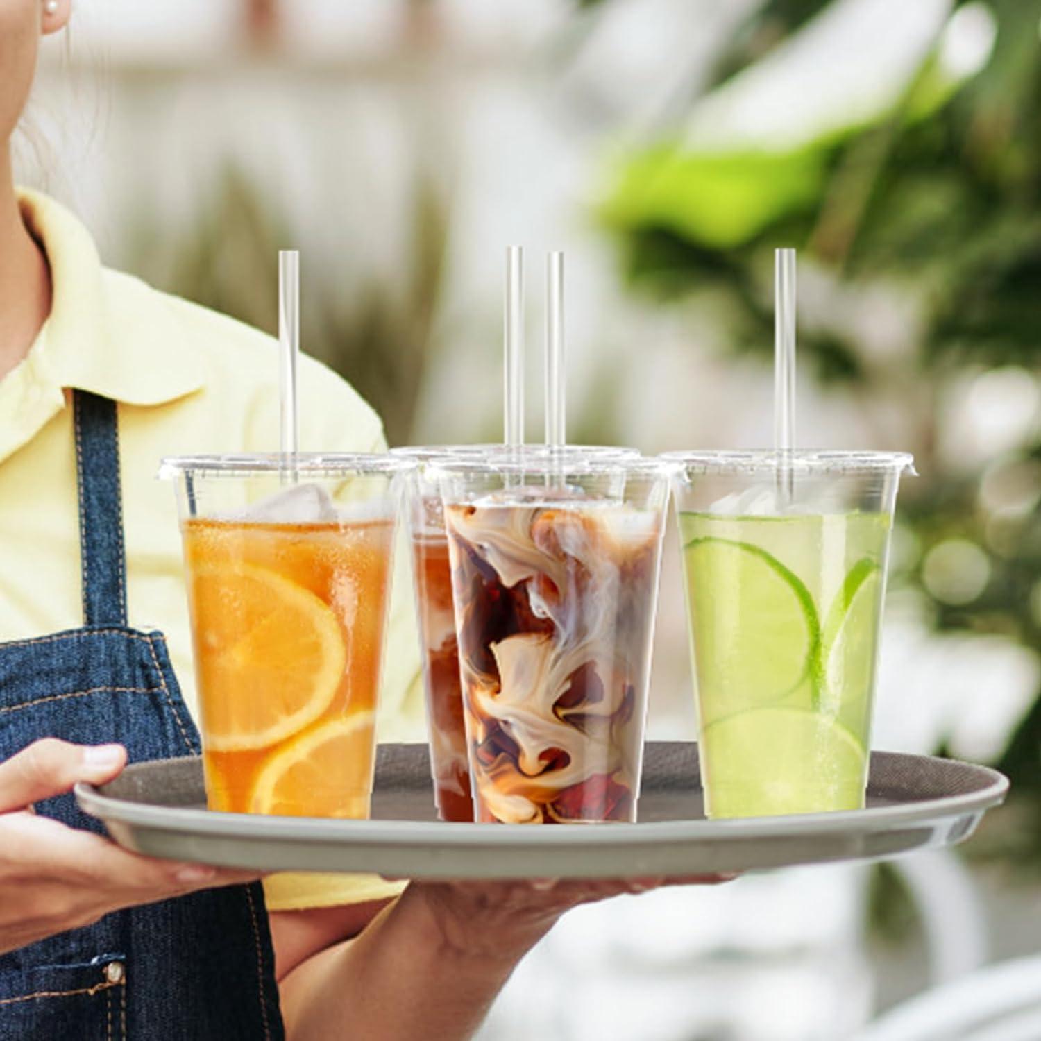 100 Pack – 20 oz Clear Plastic Cups with Lids and Straws, Sturdy & Food Safe Iced Coffee Cups with lids, Disposable Plastic Smoothie Cups for Cold Drinks(20 oz)