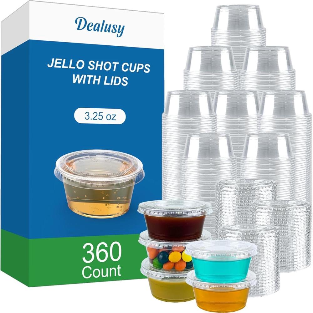 360 Set 1 oz Jello Shot Cups with Lids, Sturdy & Food Safe Disposable Plastic Portion Condiment Dipping Sauce Cups, Small Containers for Salad Dressing(3.25 OZ)