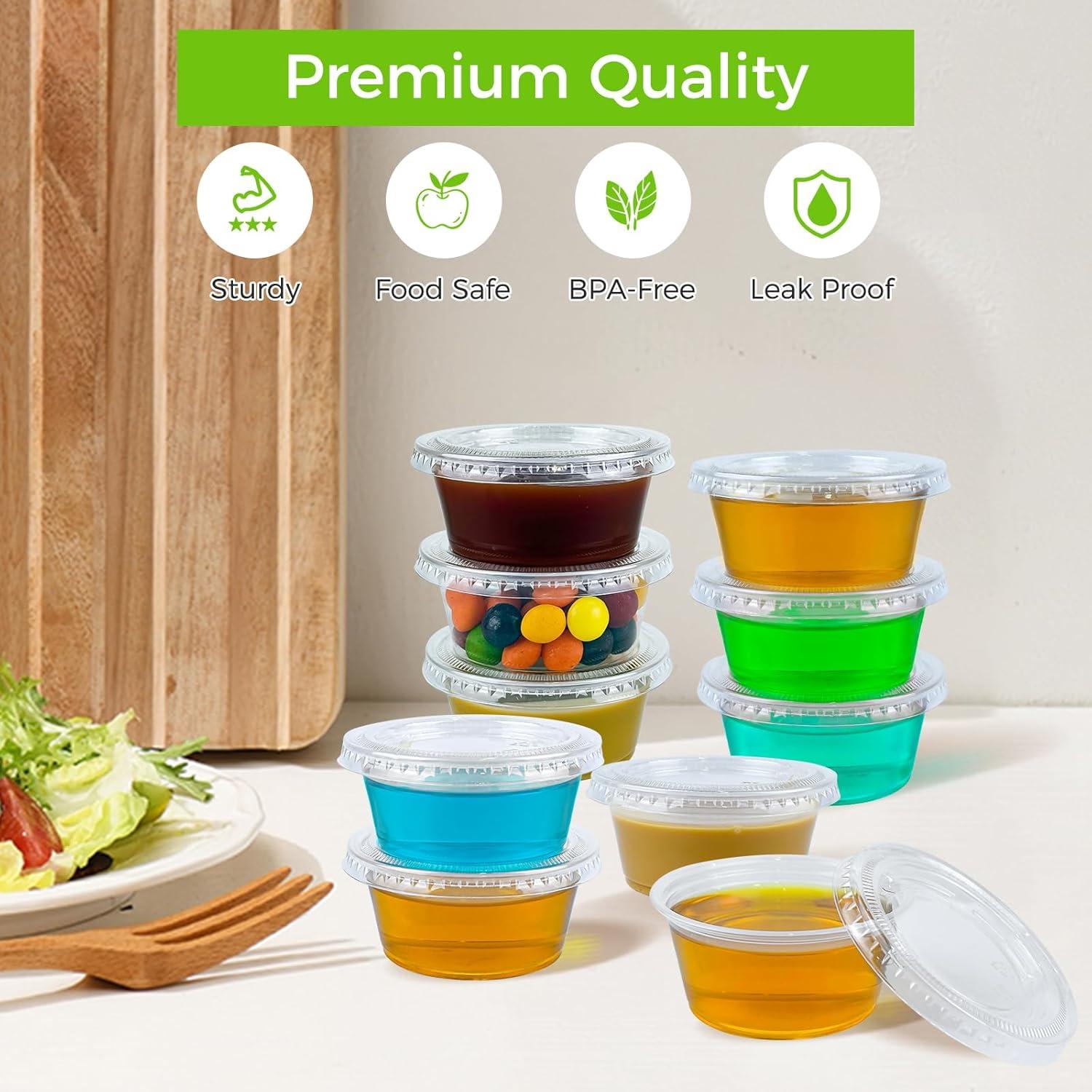 360 Set 1 oz Jello Shot Cups with Lids, Sturdy & Food Safe Disposable Plastic Portion Condiment Dipping Sauce Cups, Small Containers for Salad Dressing(3.25 OZ)