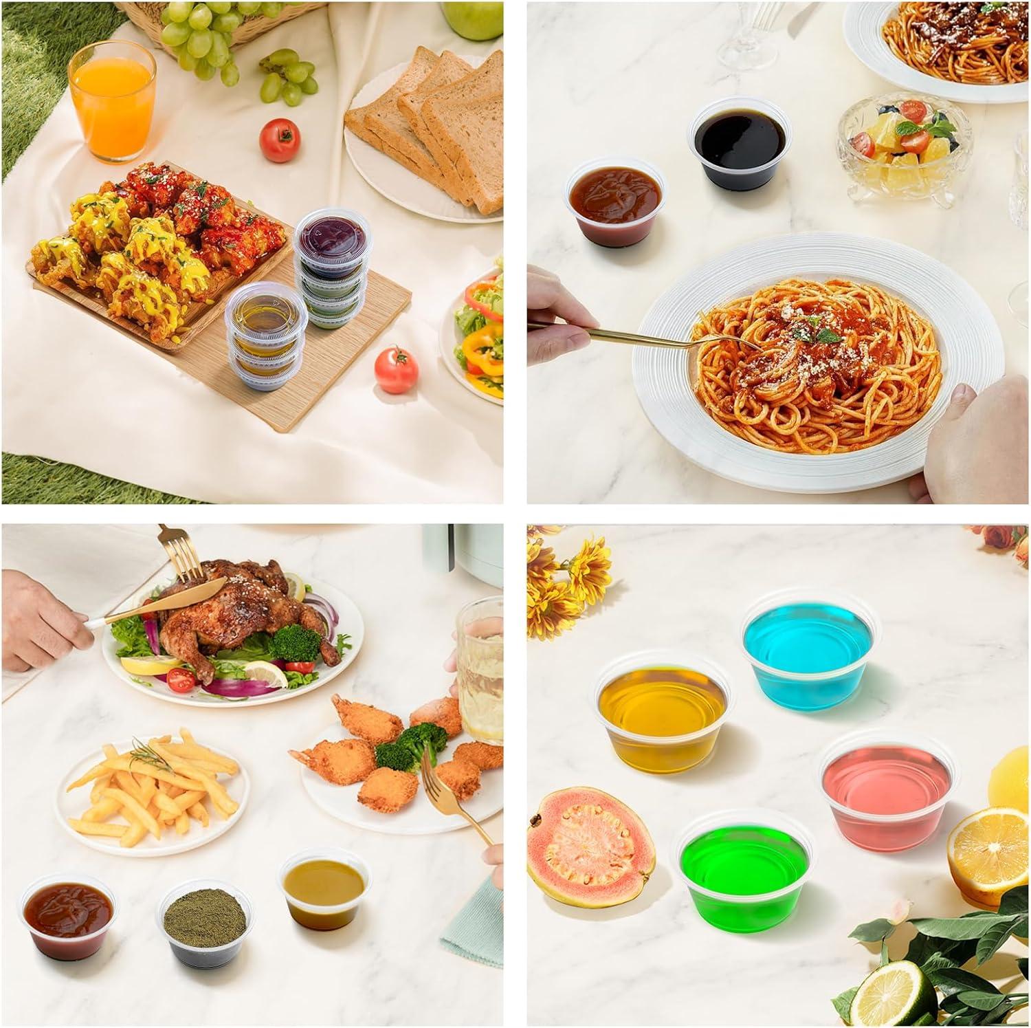 360 Set 1 oz Jello Shot Cups with Lids, Sturdy & Food Safe Disposable Plastic Portion Condiment Dipping Sauce Cups, Small Containers for Salad Dressing(3.25 OZ)