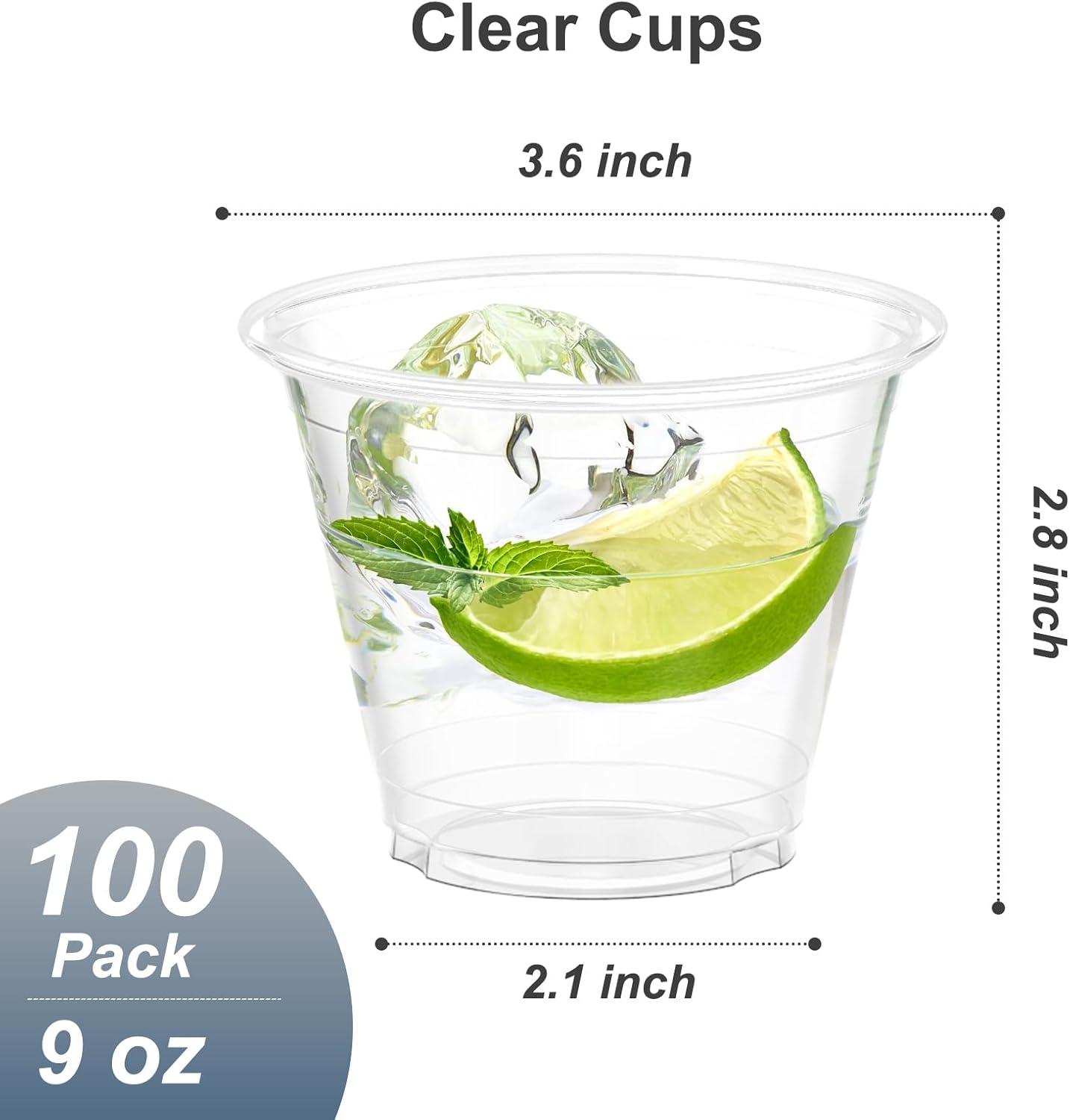 100 Pack 9 oz Clear Plastic Cups, Sturdy & Food Safe Disposable Plastic Cups for Wine Cocktail Punch(9 oz)