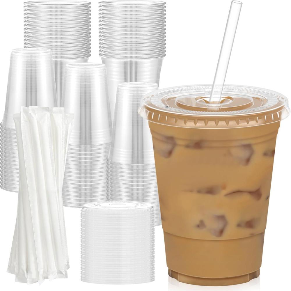 100 Pack – 20 oz Clear Plastic Cups with Lids and Straws, Sturdy & Food Safe Iced Coffee Cups with lids, Disposable Plastic Smoothie Cups for Cold Drinks(16 oz)