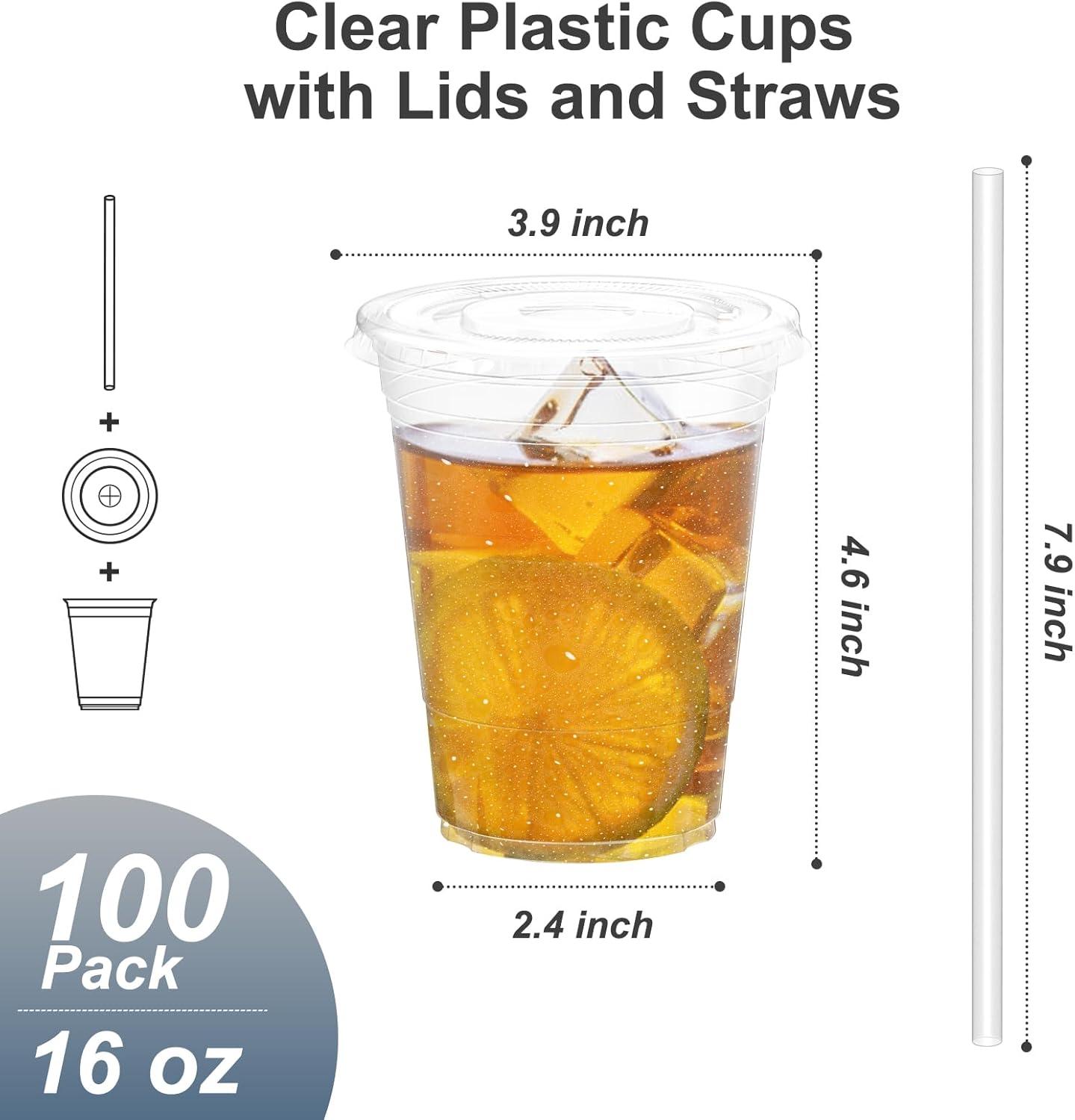 100 Pack – 20 oz Clear Plastic Cups with Lids and Straws, Sturdy & Food Safe Iced Coffee Cups with lids, Disposable Plastic Smoothie Cups for Cold Drinks(16 oz)