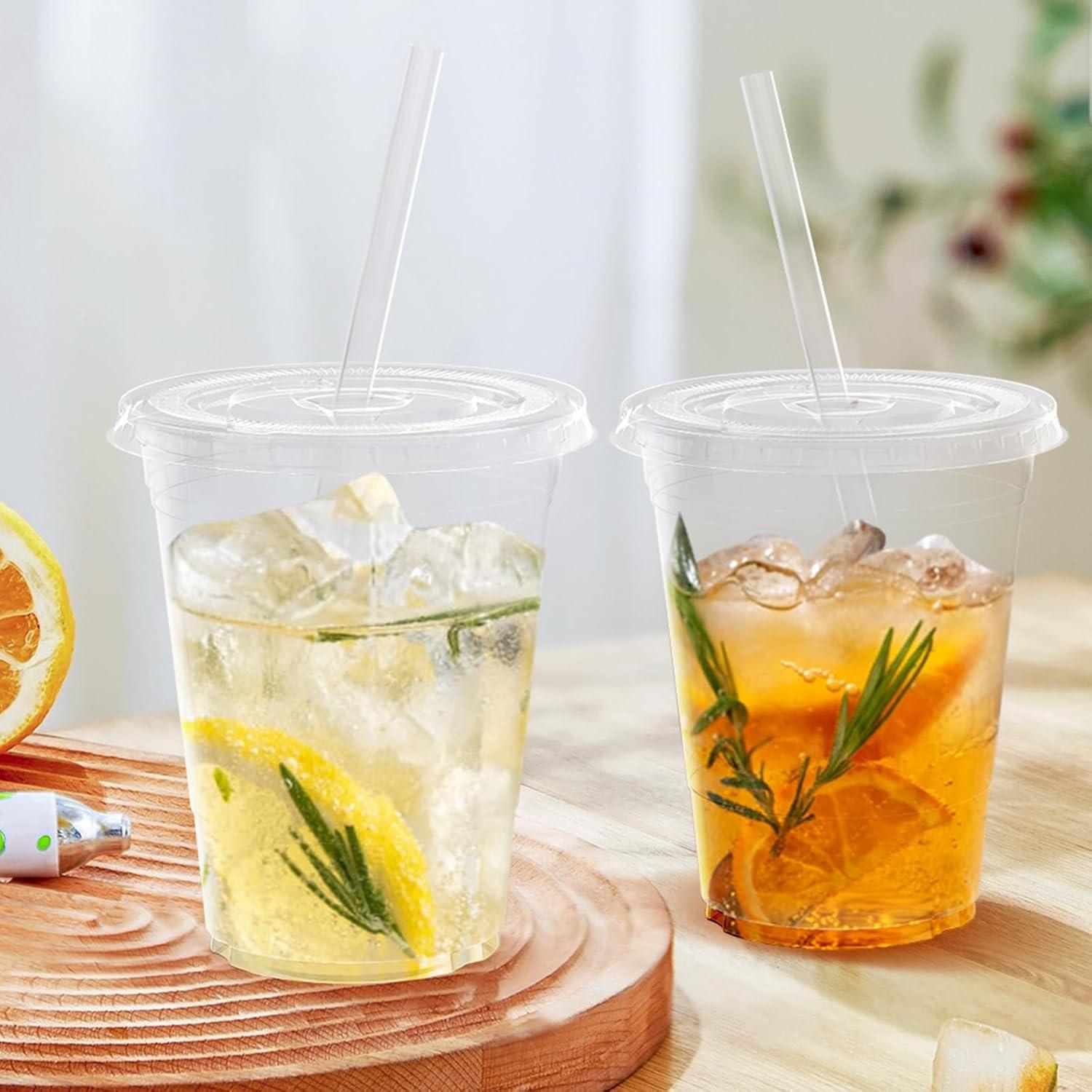 100 Pack – 20 oz Clear Plastic Cups with Lids and Straws, Sturdy & Food Safe Iced Coffee Cups with lids, Disposable Plastic Smoothie Cups for Cold Drinks(16 oz)