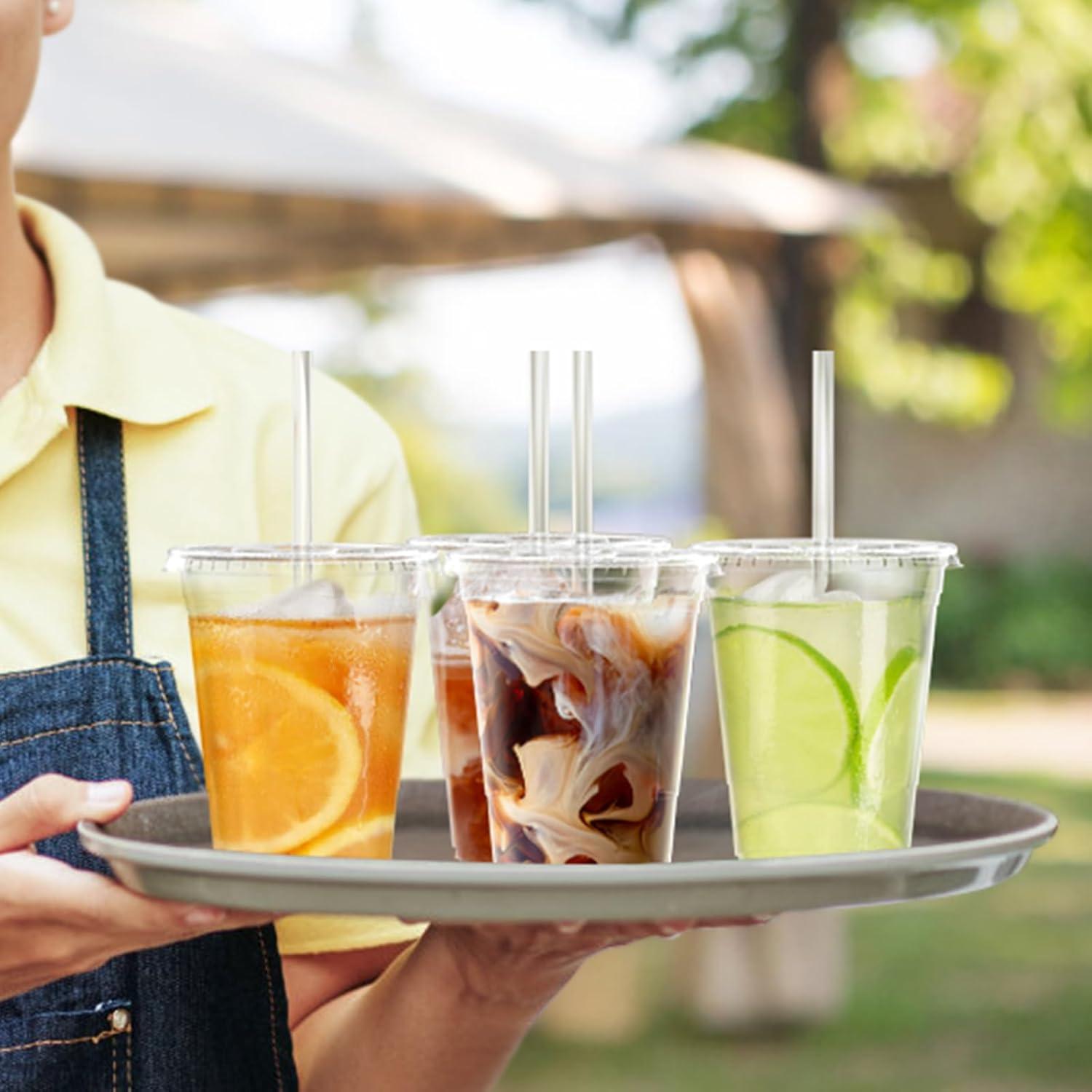 100 Pack – 20 oz Clear Plastic Cups with Lids and Straws, Sturdy & Food Safe Iced Coffee Cups with lids, Disposable Plastic Smoothie Cups for Cold Drinks(16 oz)