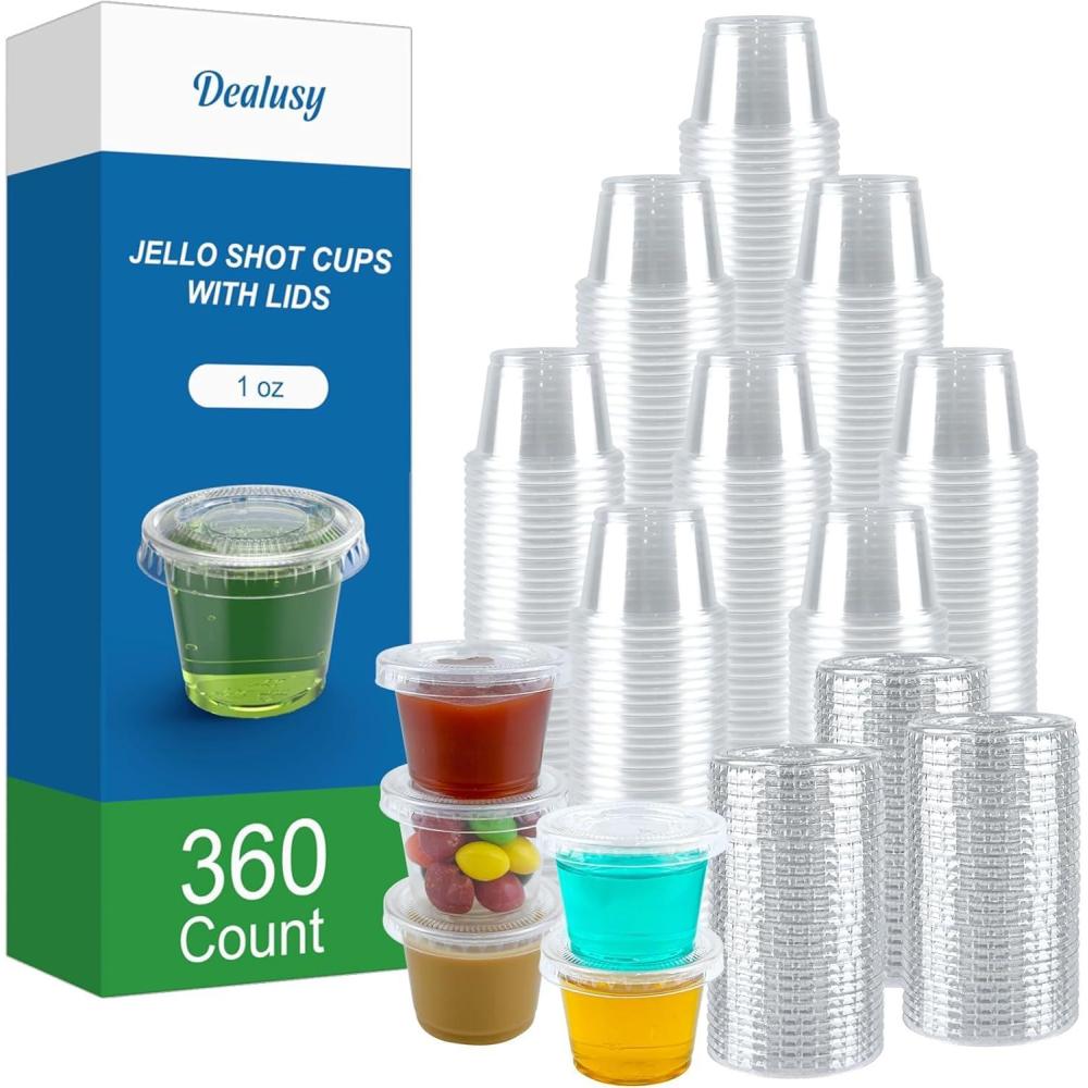 360 Set 1 oz Jello Shot Cups with Lids, Sturdy & Food Safe Disposable Plastic Portion Condiment Dipping Sauce Cups, Small Containers for Salad Dressing(1 OZ)