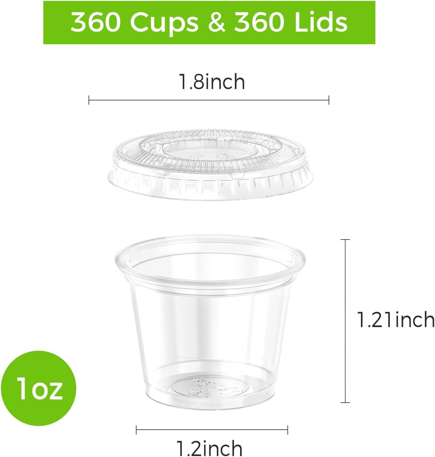 360 Set 1 oz Jello Shot Cups with Lids, Sturdy & Food Safe Disposable Plastic Portion Condiment Dipping Sauce Cups, Small Containers for Salad Dressing(1 OZ)