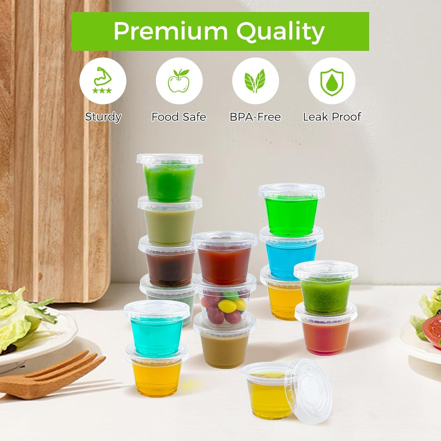 360 Set 1 oz Jello Shot Cups with Lids, Sturdy & Food Safe Disposable Plastic Portion Condiment Dipping Sauce Cups, Small Containers for Salad Dressing(1 OZ)
