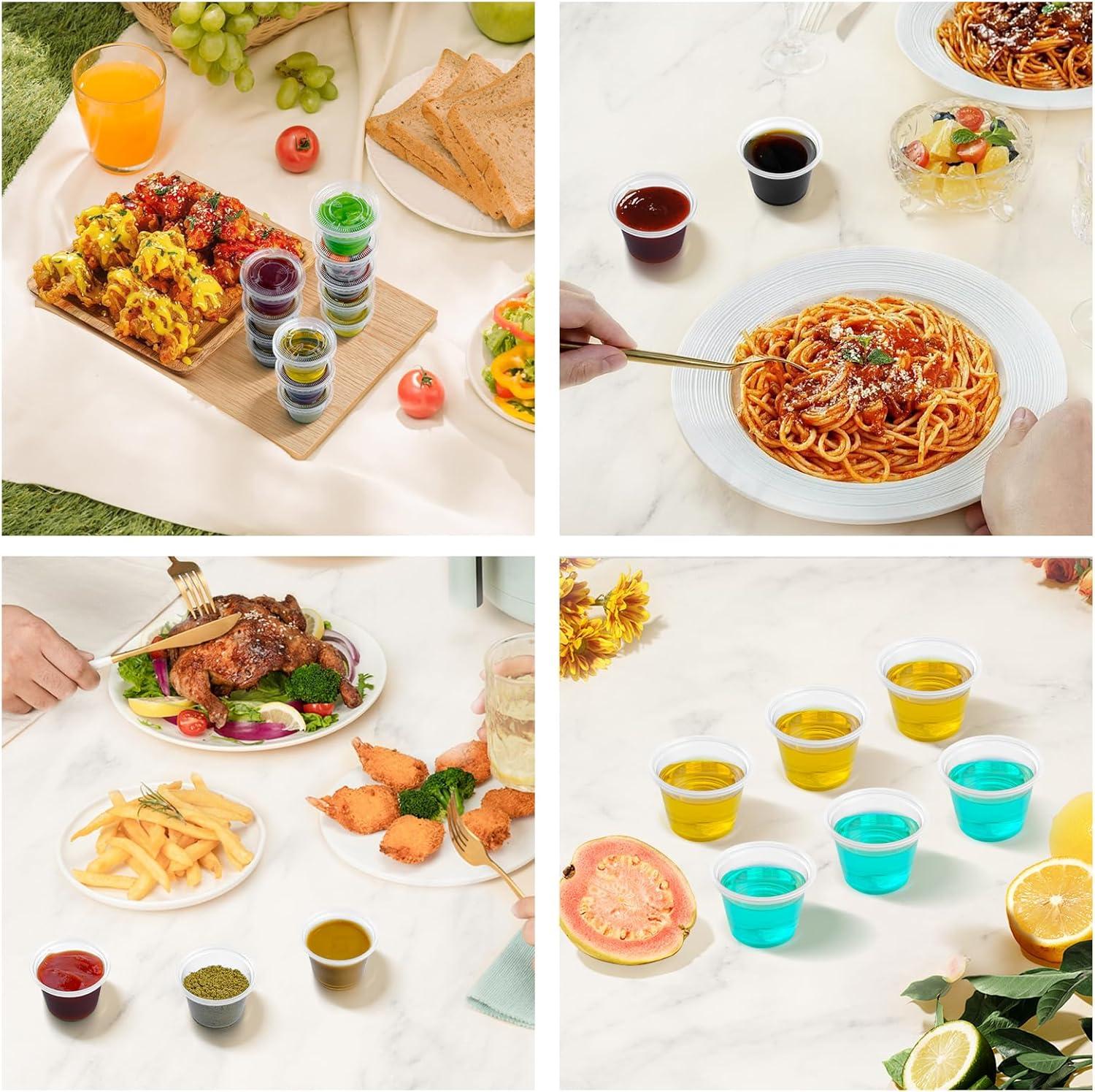 360 Set 1 oz Jello Shot Cups with Lids, Sturdy & Food Safe Disposable Plastic Portion Condiment Dipping Sauce Cups, Small Containers for Salad Dressing(1 OZ)