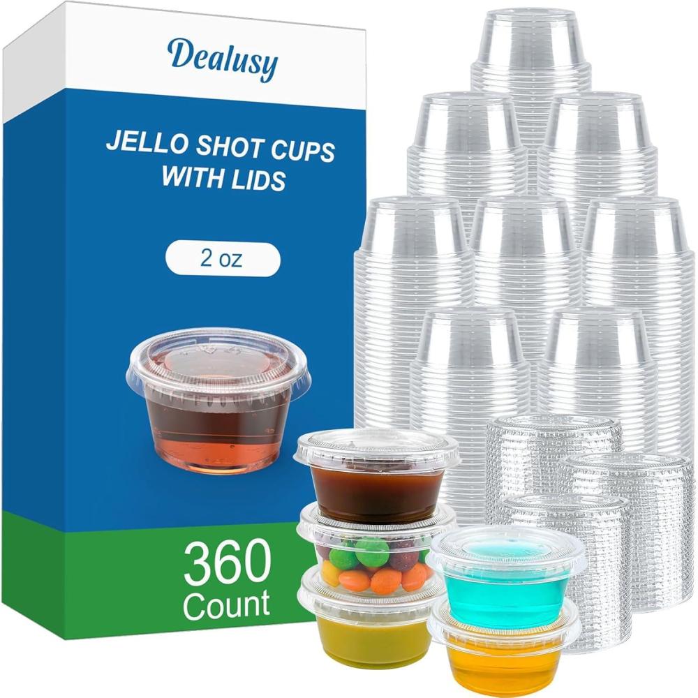 360 Set 1 oz Jello Shot Cups with Lids, Sturdy & Food Safe Disposable Plastic Portion Condiment Dipping Sauce Cups, Small Containers for Salad Dressing(2 OZ)