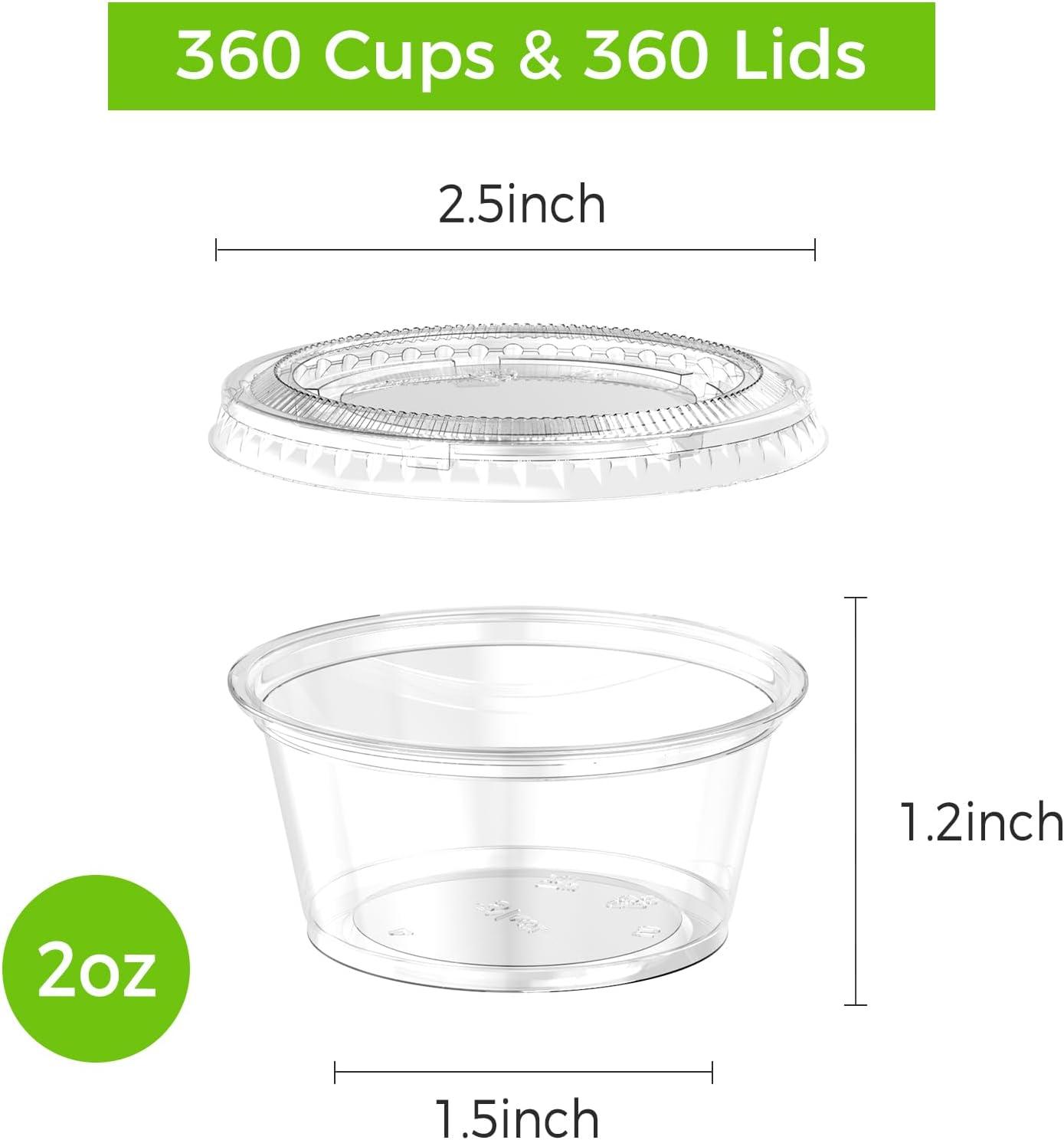 360 Set 1 oz Jello Shot Cups with Lids, Sturdy & Food Safe Disposable Plastic Portion Condiment Dipping Sauce Cups, Small Containers for Salad Dressing(2 OZ)