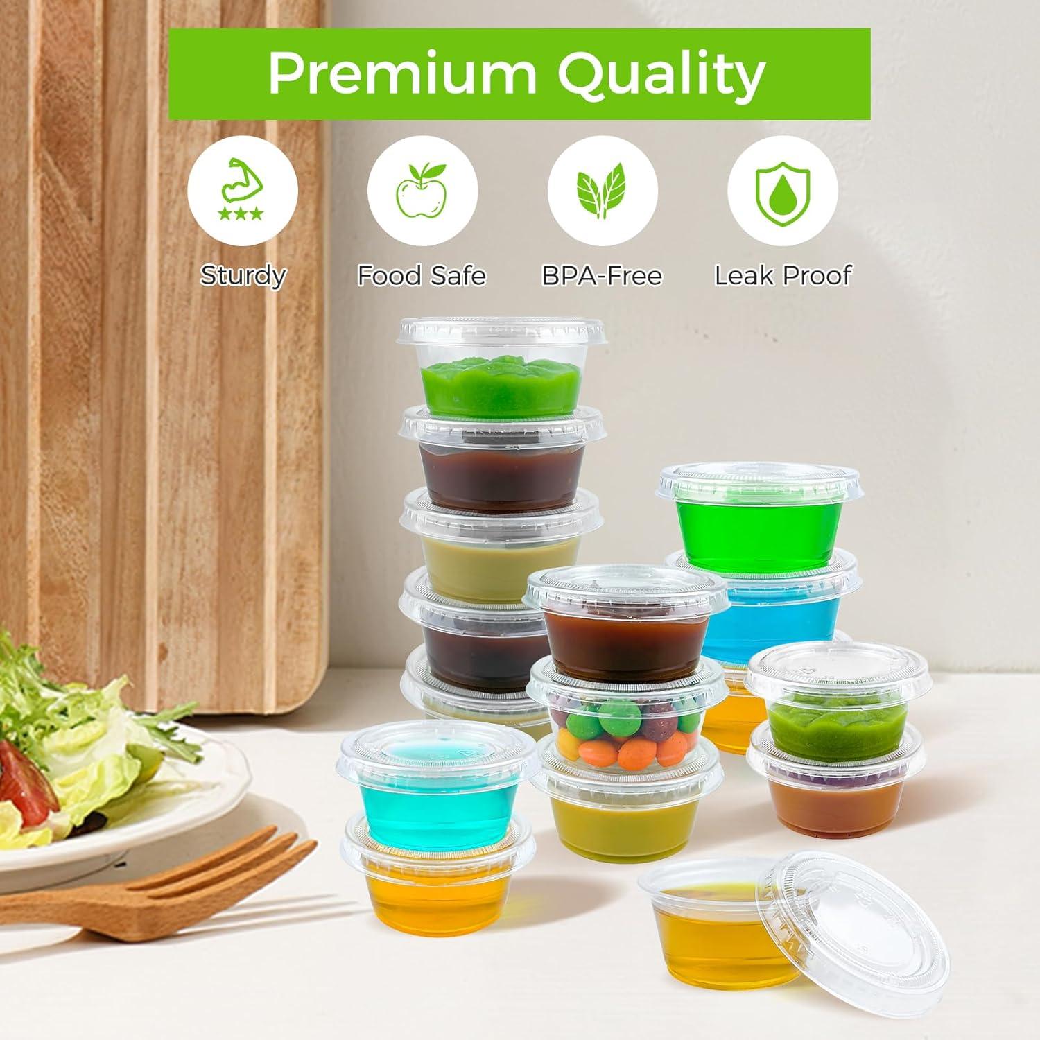 360 Set 1 oz Jello Shot Cups with Lids, Sturdy & Food Safe Disposable Plastic Portion Condiment Dipping Sauce Cups, Small Containers for Salad Dressing(2 OZ)