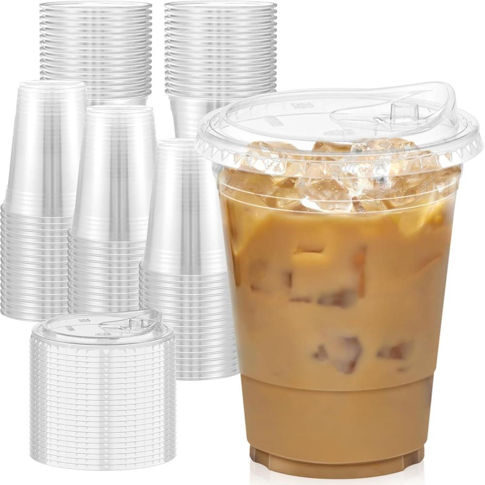 100 Pack – 20 oz Clear Plastic Cups with Lids, Sturdy & Food Safe Iced Coffee Cups with lids, Disposable Plastic Smoothie Cups for Cold Drinks, Sip Lids(16 oz)