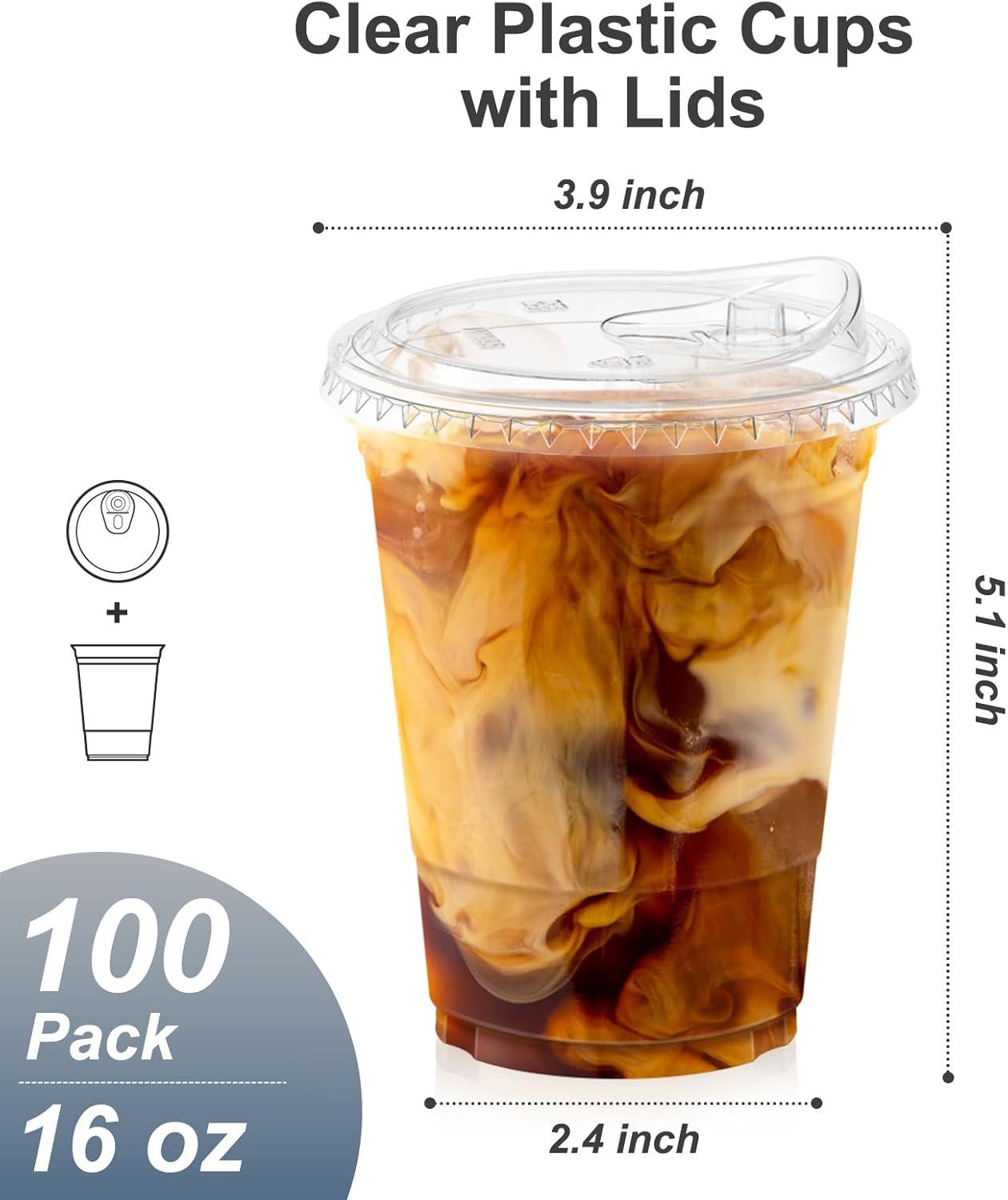 100 Pack – 20 oz Clear Plastic Cups with Lids, Sturdy & Food Safe Iced Coffee Cups with lids, Disposable Plastic Smoothie Cups for Cold Drinks, Sip Lids(16 oz)