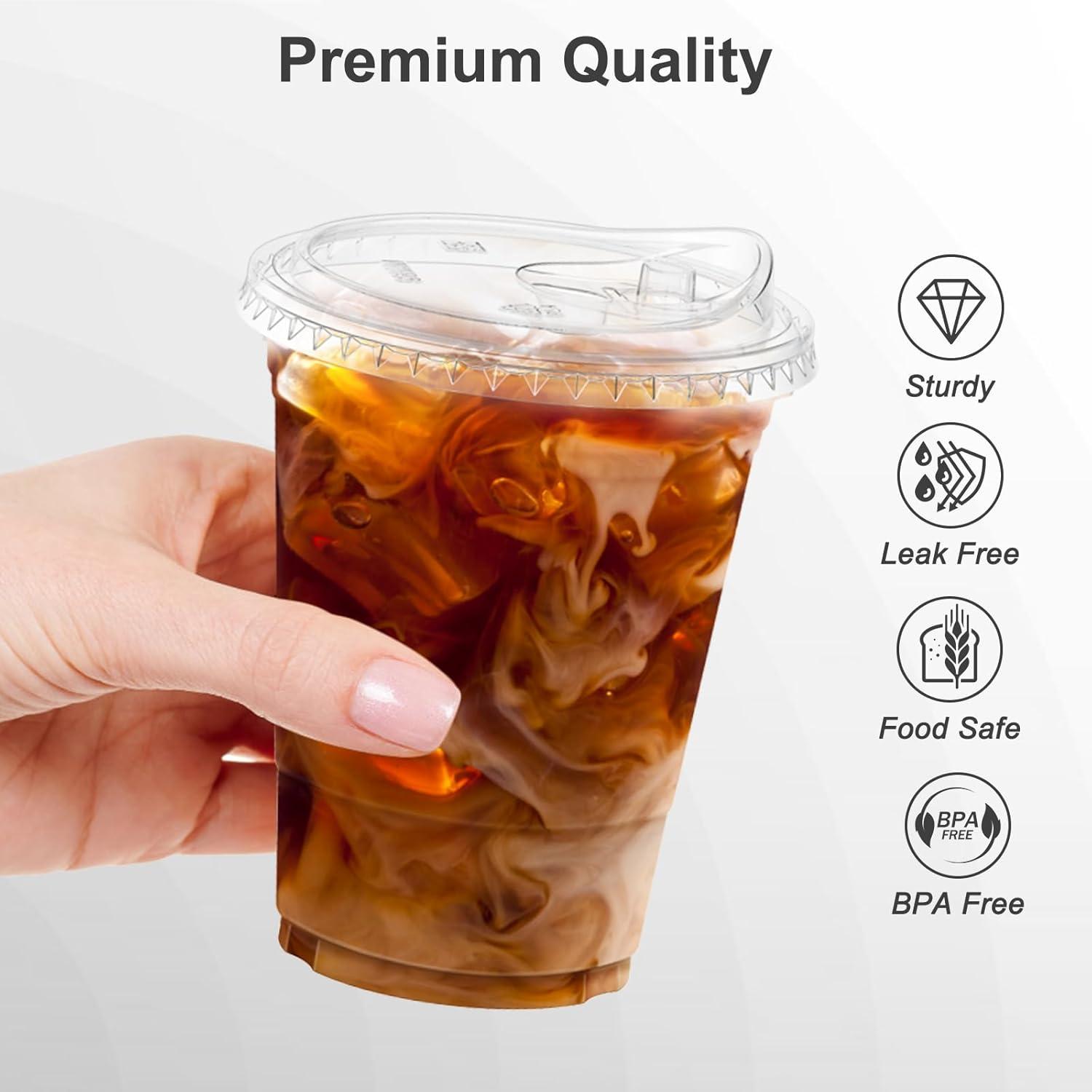 100 Pack – 20 oz Clear Plastic Cups with Lids, Sturdy & Food Safe Iced Coffee Cups with lids, Disposable Plastic Smoothie Cups for Cold Drinks, Sip Lids(16 oz)