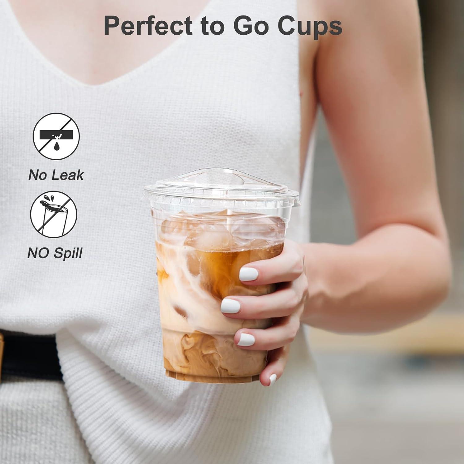 100 Pack – 20 oz Clear Plastic Cups with Lids, Sturdy & Food Safe Iced Coffee Cups with lids, Disposable Plastic Smoothie Cups for Cold Drinks, Sip Lids(16 oz)