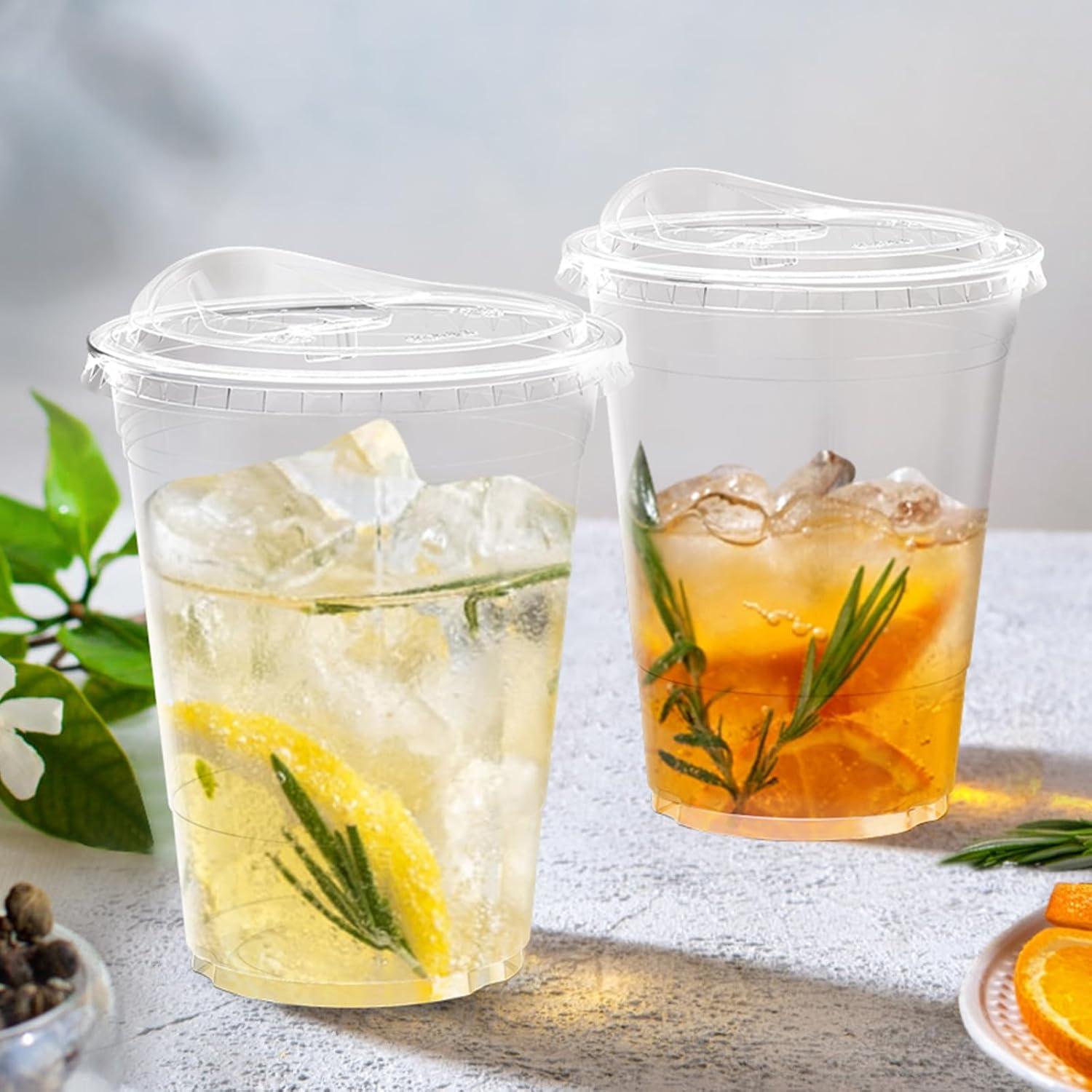 100 Pack – 20 oz Clear Plastic Cups with Lids, Sturdy & Food Safe Iced Coffee Cups with lids, Disposable Plastic Smoothie Cups for Cold Drinks, Sip Lids(16 oz)