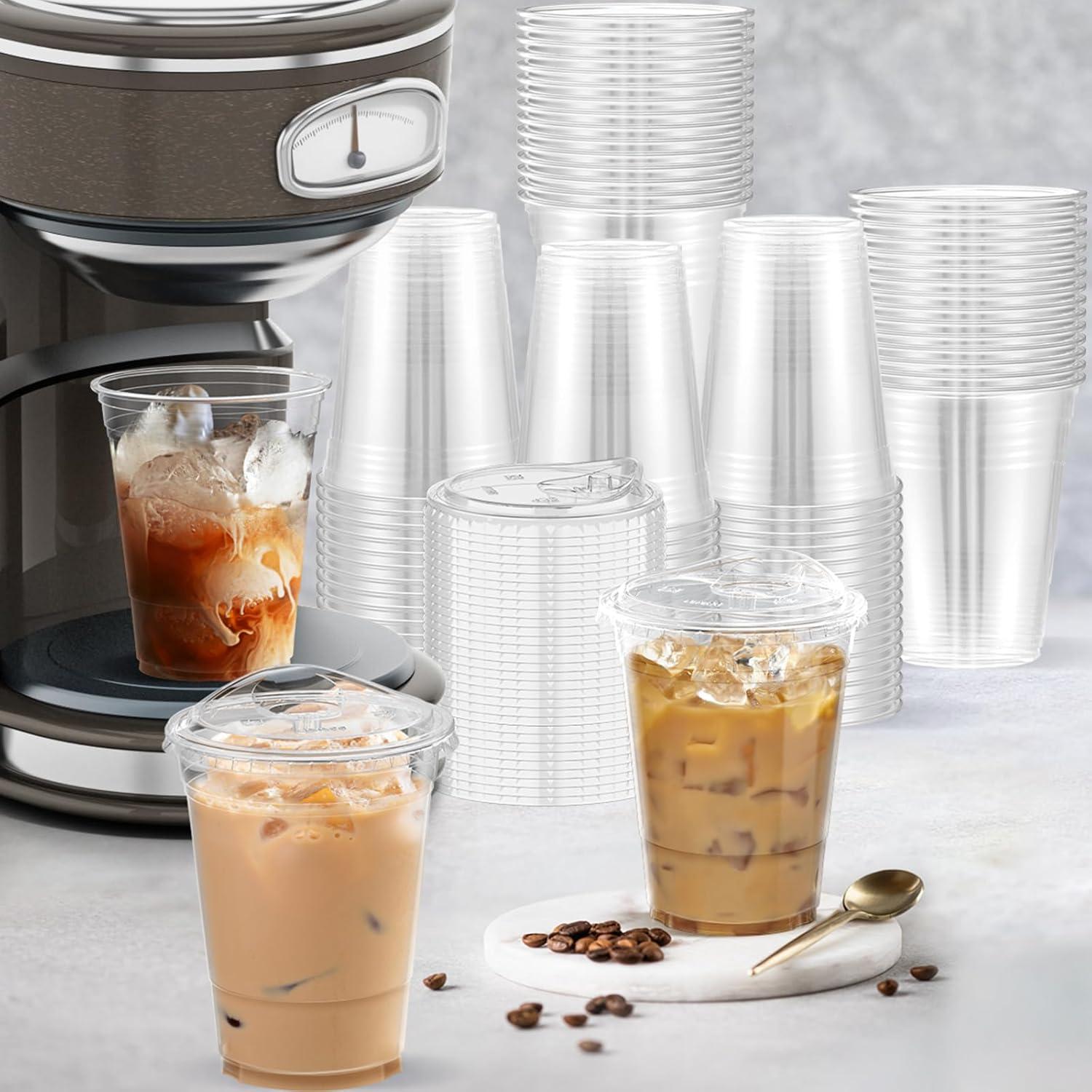 100 Pack – 20 oz Clear Plastic Cups with Lids, Sturdy & Food Safe Iced Coffee Cups with lids, Disposable Plastic Smoothie Cups for Cold Drinks, Sip Lids(16 oz)
