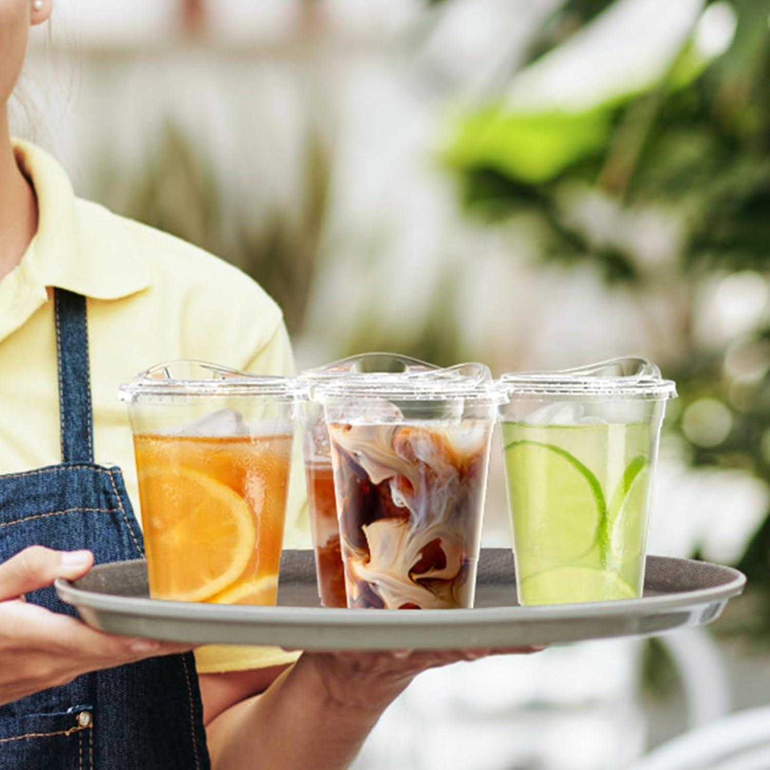 100 Pack – 20 oz Clear Plastic Cups with Lids, Sturdy & Food Safe Iced Coffee Cups with lids, Disposable Plastic Smoothie Cups for Cold Drinks, Sip Lids(16 oz)