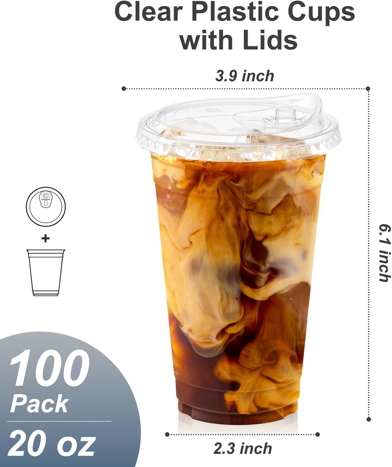 100 Pack – 20 oz Clear Plastic Cups with Lids, Sturdy & Food Safe Iced Coffee Cups with lids, Disposable Plastic Smoothie Cups for Cold Drinks, Sip Lids(20 oz)
