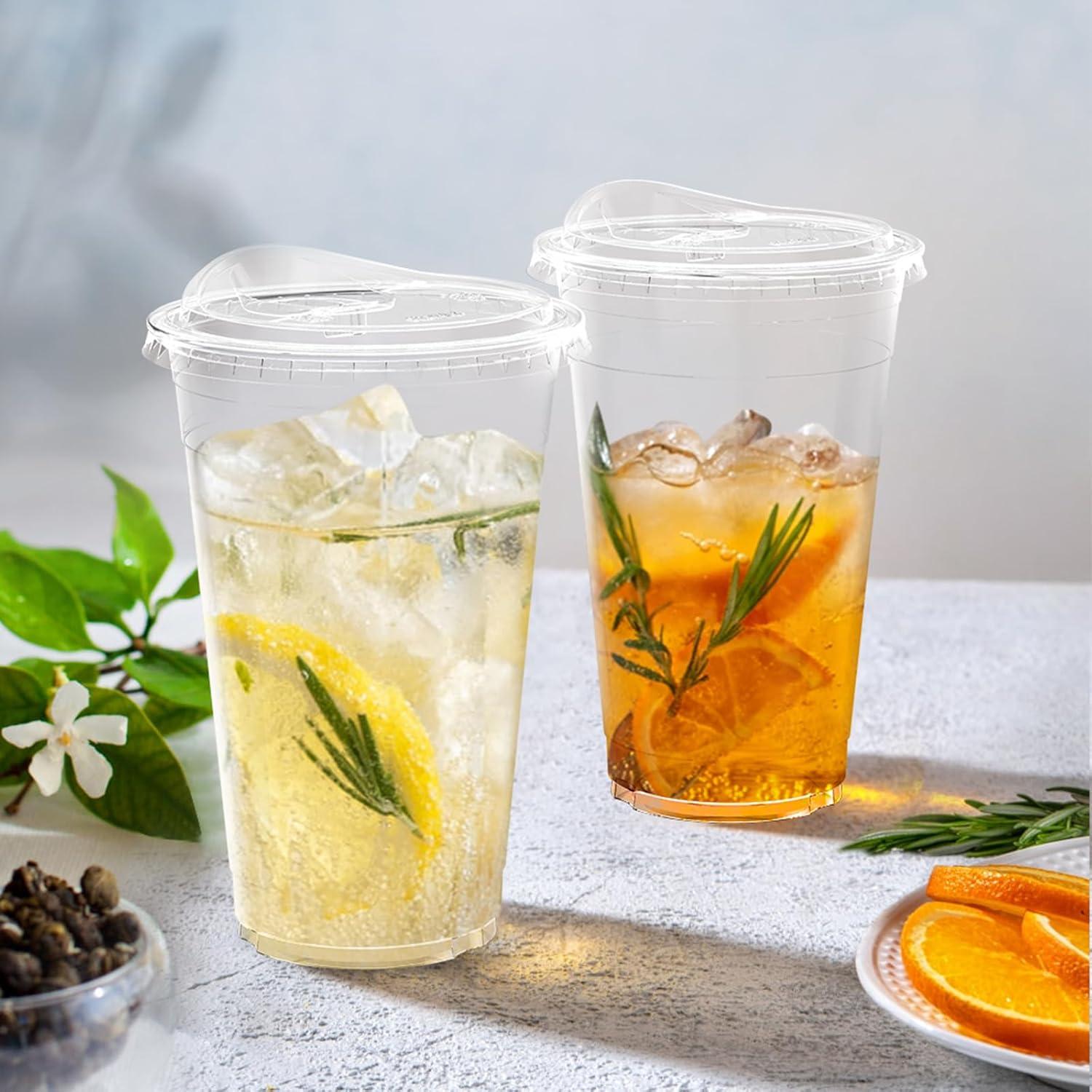100 Pack – 20 oz Clear Plastic Cups with Lids, Sturdy & Food Safe Iced Coffee Cups with lids, Disposable Plastic Smoothie Cups for Cold Drinks, Sip Lids(20 oz)