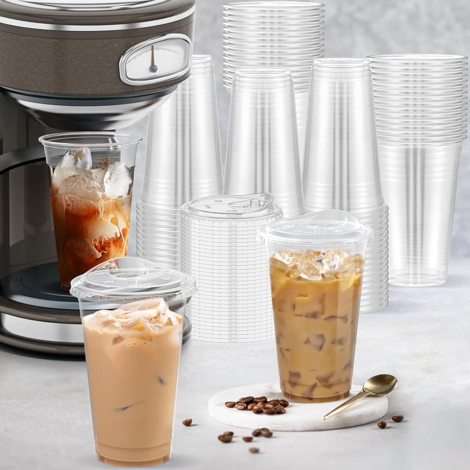 100 Pack – 20 oz Clear Plastic Cups with Lids, Sturdy & Food Safe Iced Coffee Cups with lids, Disposable Plastic Smoothie Cups for Cold Drinks, Sip Lids(20 oz)