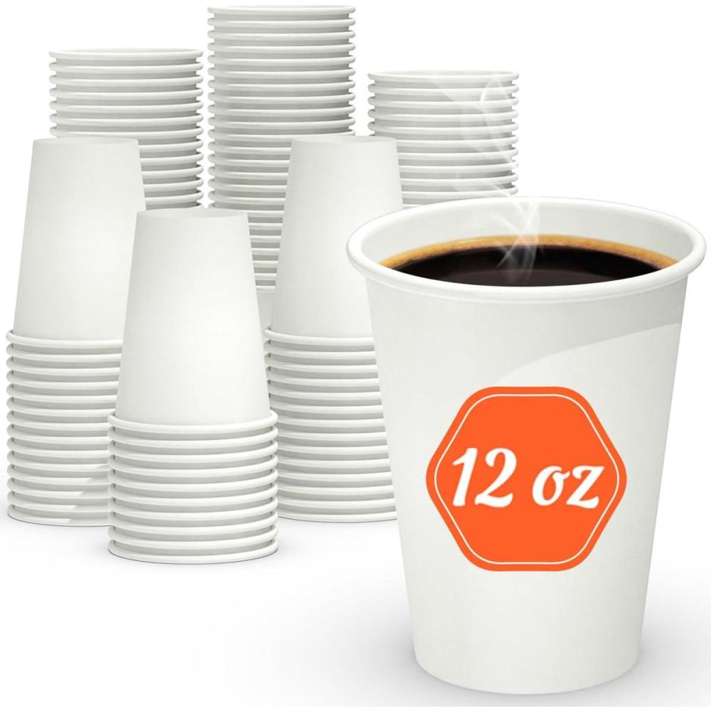 200 Count 12 oz Coffee Cups, Leak-Free Food Safe Paper Cups 12 oz, Disposable 12oz White Paper Cups for Cold and Hot Drinks(200)