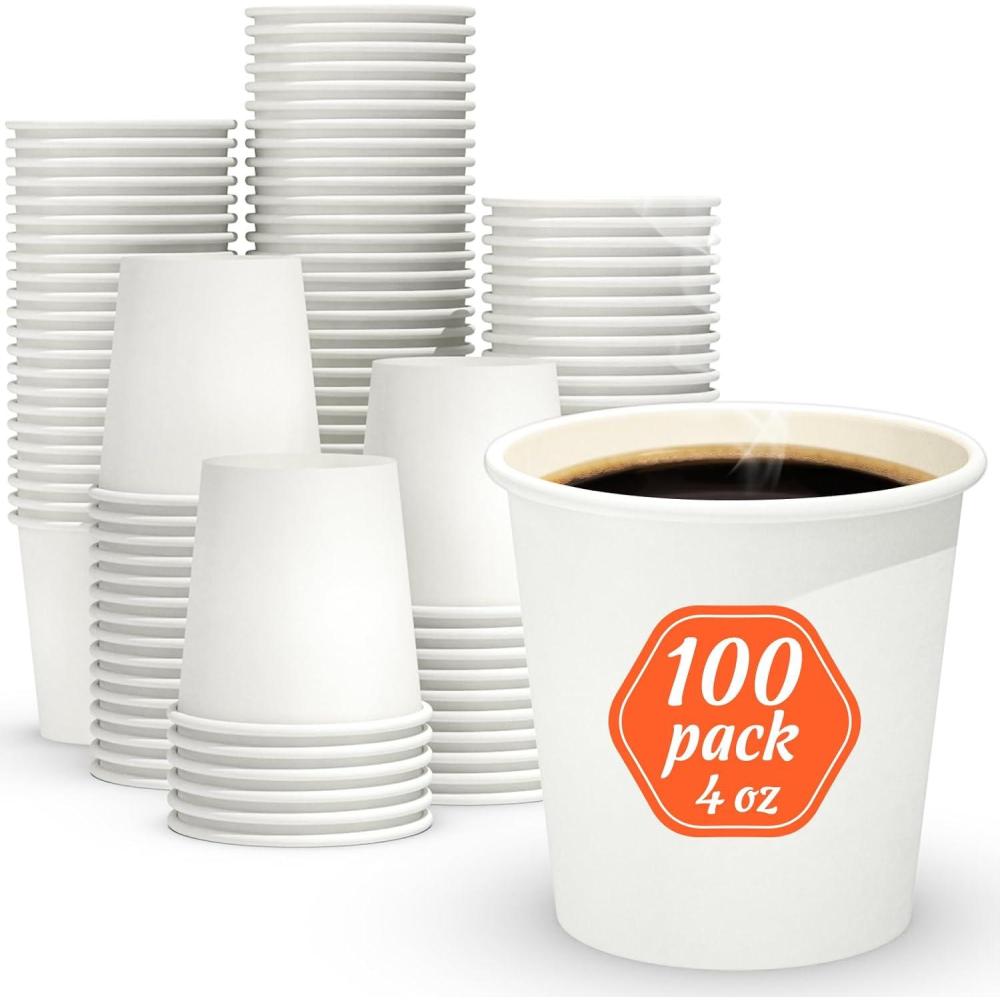 100 Count 4 oz Coffee Cups, Leak-Free Food Safe Paper Cups 4 oz, Disposable 4oz White Paper Cups for Cold and Hot Drinks(4 OZ)