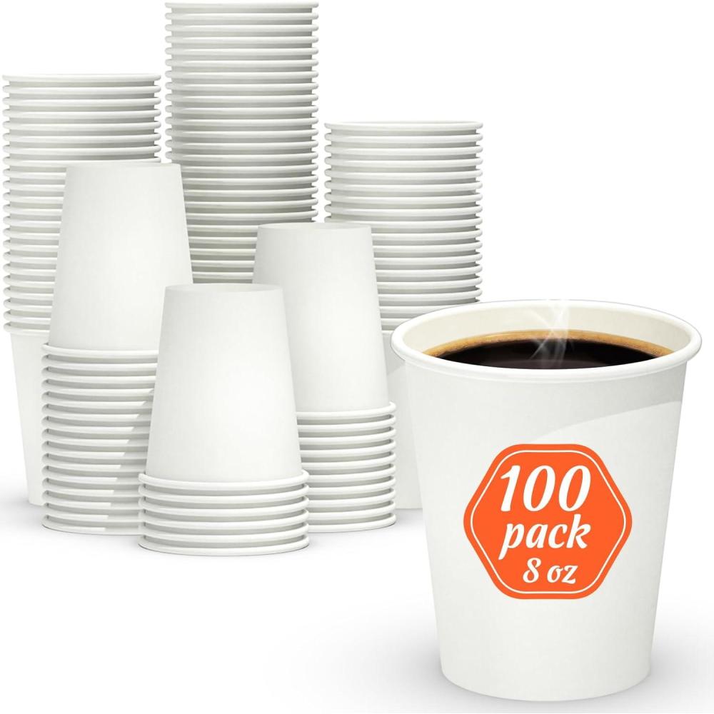 100 Count 8 oz Coffee Cups, Leak-Free Food Safe Paper Cups 8 oz, Disposable 8oz White Paper Cups for Cold and Hot Drinks(08 OZ)
