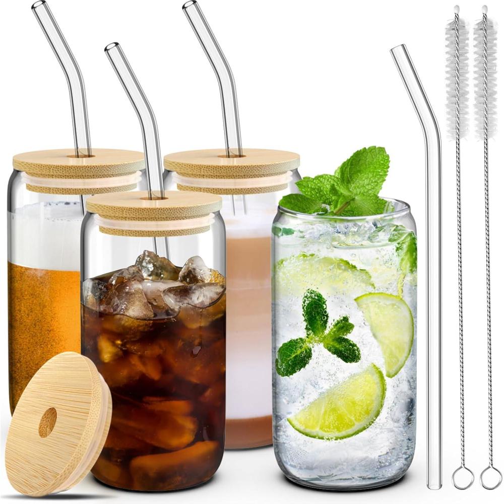 4 Set Glass Cups with Lids and Straws 16 oz, Glasses Drinking Set, Iced Coffee Cup with Bamboo Lids, Drinking Glasses Tumbler with Straw and Lid, Glass Can Coffee Cups, Drinking Glassware, 2 Brushes