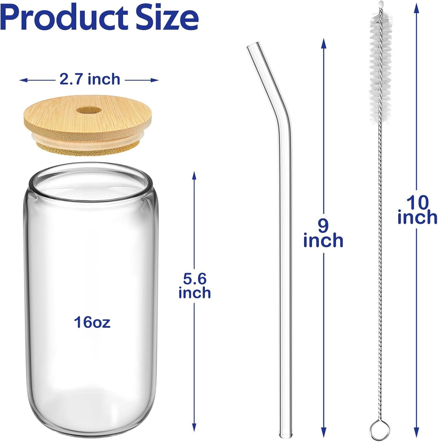 4 Set Glass Cups with Lids and Straws 16 oz, Glasses Drinking Set, Iced Coffee Cup with Bamboo Lids, Drinking Glasses Tumbler with Straw and Lid, Glass Can Coffee Cups, Drinking Glassware, 2 Brushes
