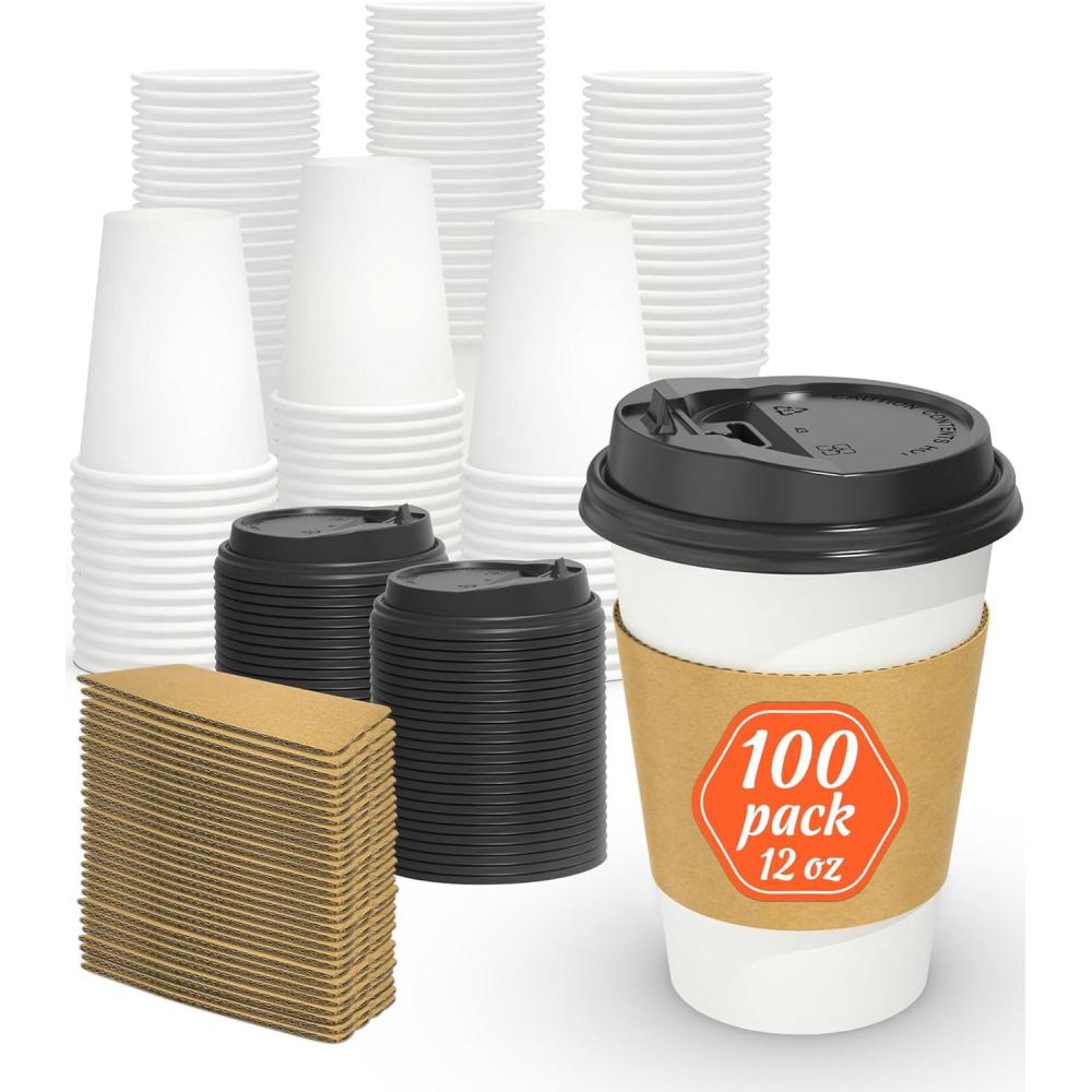 100 Pack 16 oz Disposable Coffee Cups with Lids and Sleeves, Sturdy Thick Paper & Leak-free Insulated to Go Paper Hot Coffee Cups for Hot & Cold Beverage(12 oz)