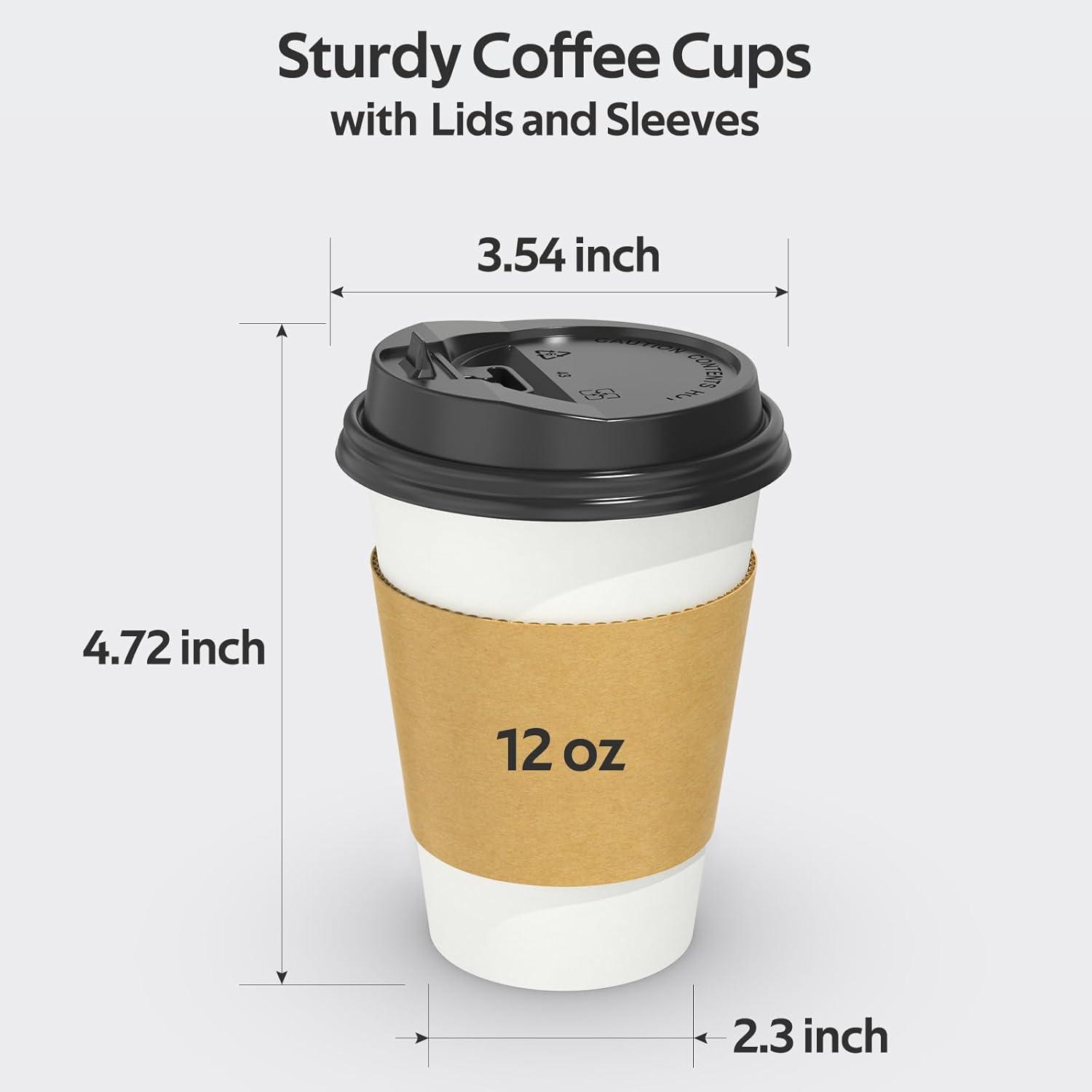 100 Pack 16 oz Disposable Coffee Cups with Lids and Sleeves, Sturdy Thick Paper & Leak-free Insulated to Go Paper Hot Coffee Cups for Hot & Cold Beverage(12 oz)
